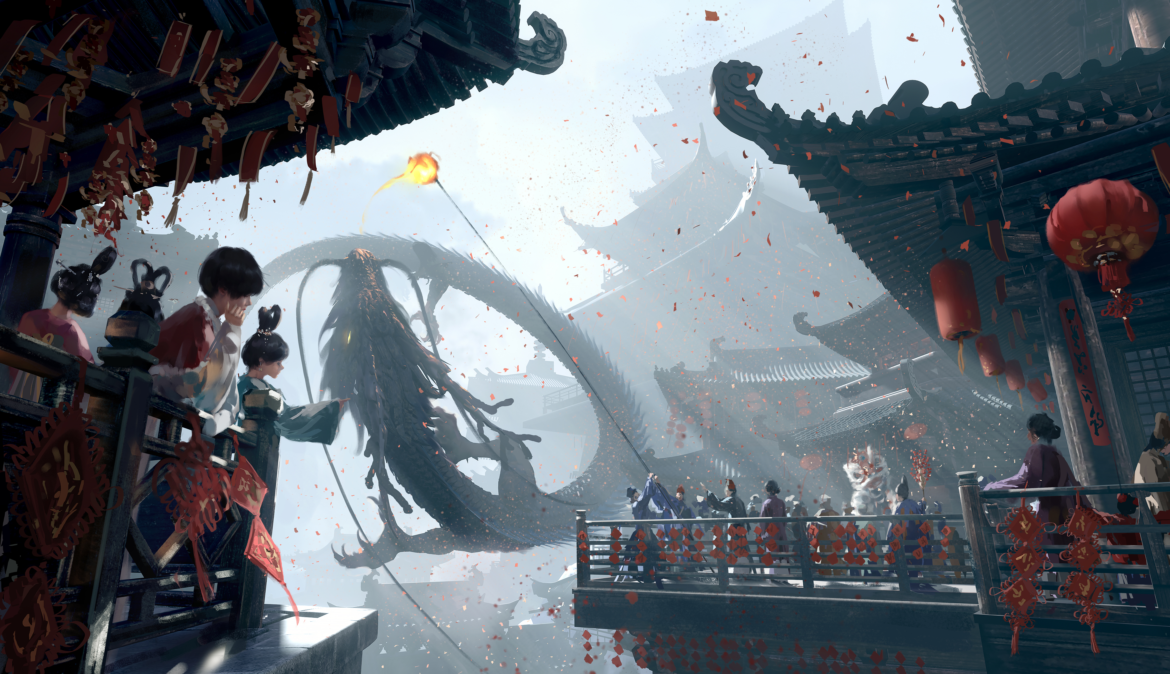 General 4800x2763 WLOP digital art artwork illustration fantasy art dragon architecture China crowds holiday Chinese dragon