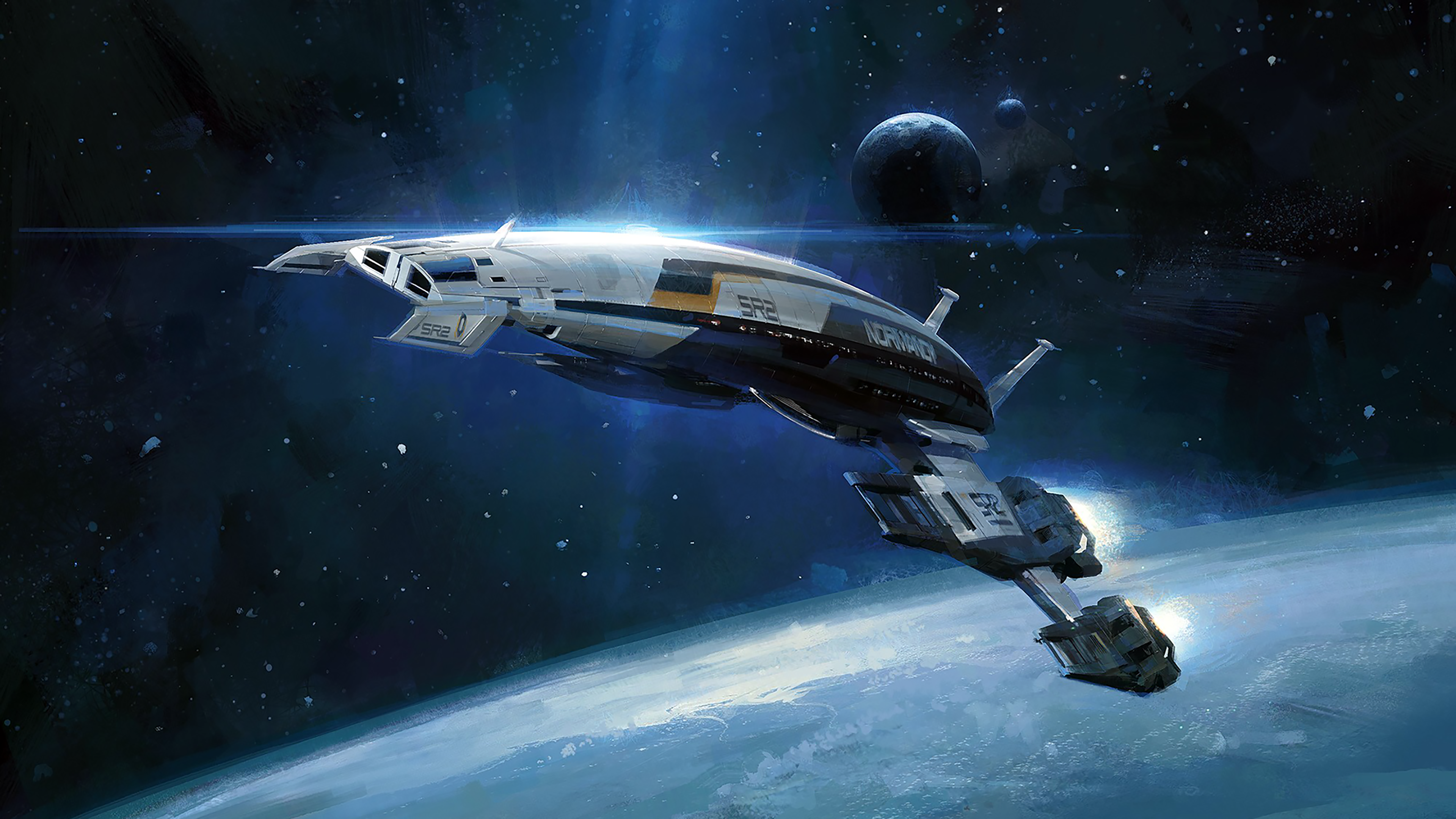 General 3840x2160 Mass Effect video games Normandy SR-2 space Mass Effect 2 planet spaceship video game art stars