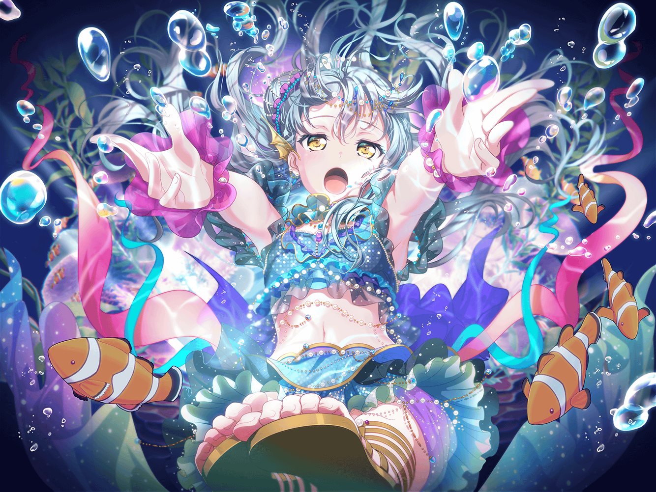 Anime 1334x1002 BanG Dream! minato yukina anime anime girls open mouth long hair arms reaching yellow eyes blue hair water drops shoe sole belly belly button underwater in water water looking at viewer fish animals toes