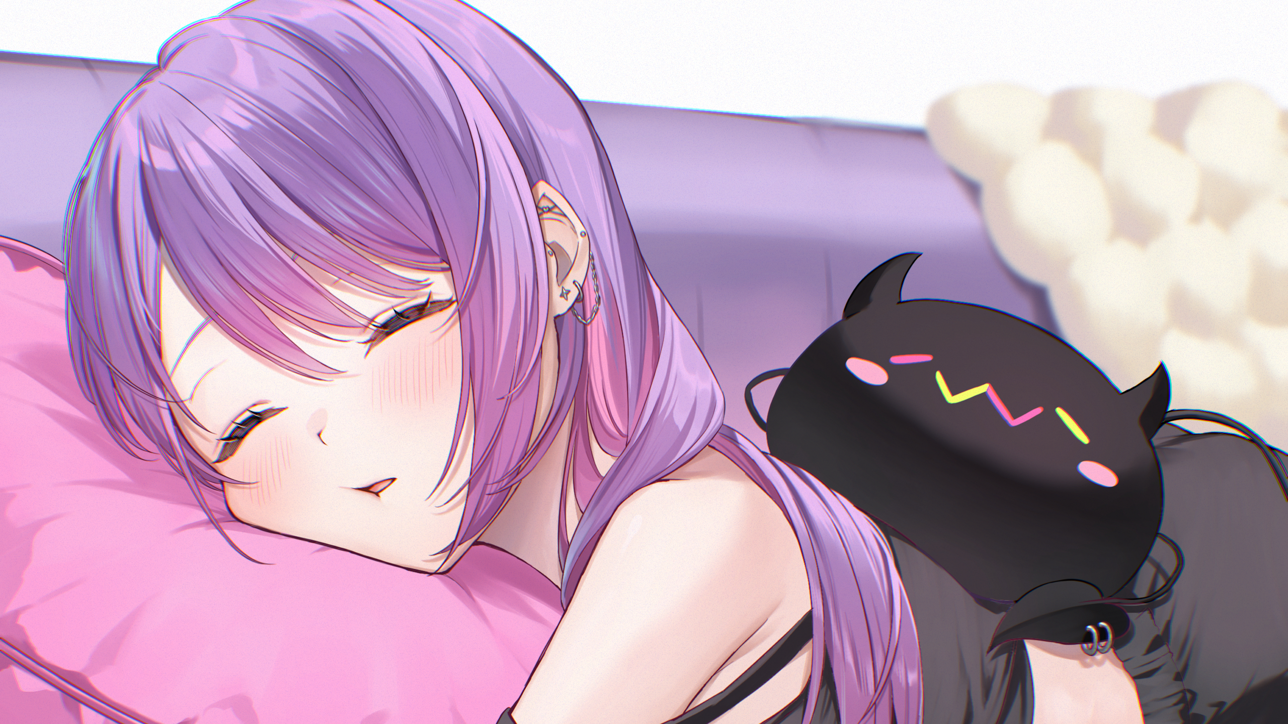 Anime 2560x1440 anime anime girls sleeping purple hair open mouth on sofa toys pillow
