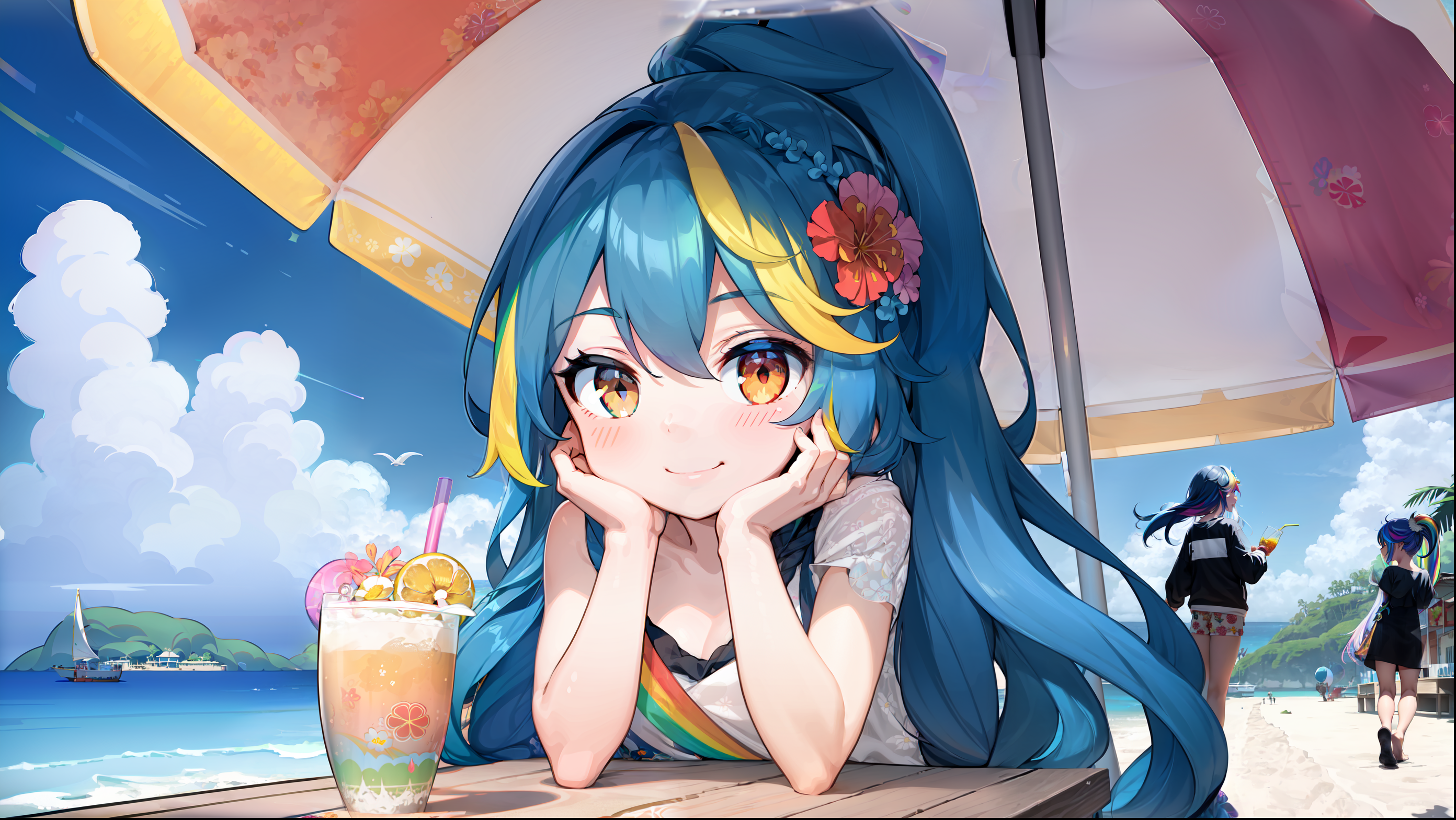 Anime 2784x1569 AI art beach umbrella hair between eyes looking at viewer drink anime girls drinking straw flower in hair two tone hair sky clouds water closed mouth blushing resting head touching face women outdoors waves women on beach sitting leaning boat birds walking sand
