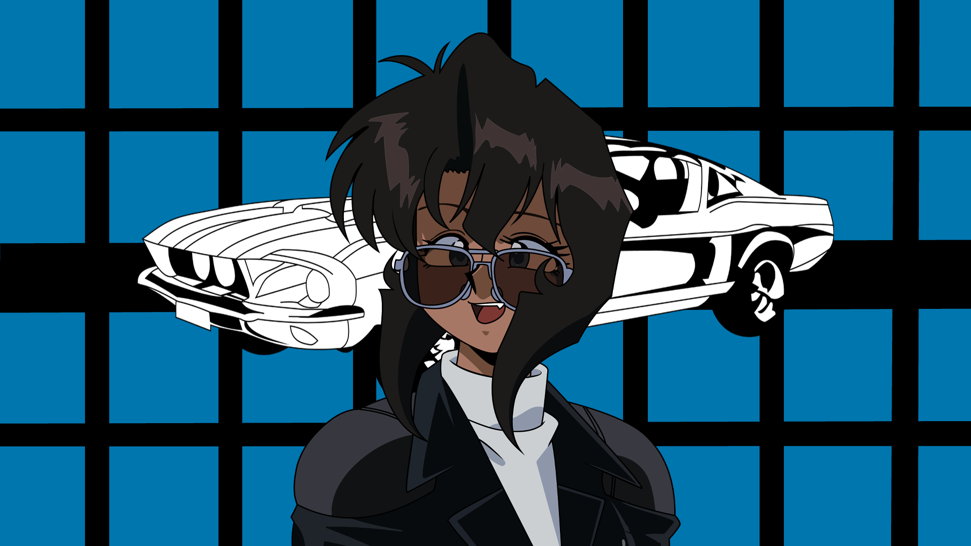 Anime 1920x1080 Rally Vincent Gunsmith Cats simple background brunette leather jacket sunglasses smiling Shelby Cobra anime girls vector Vector trace turtlenecks blue eyes Ford Mustang Shelby girls and cars women with cars