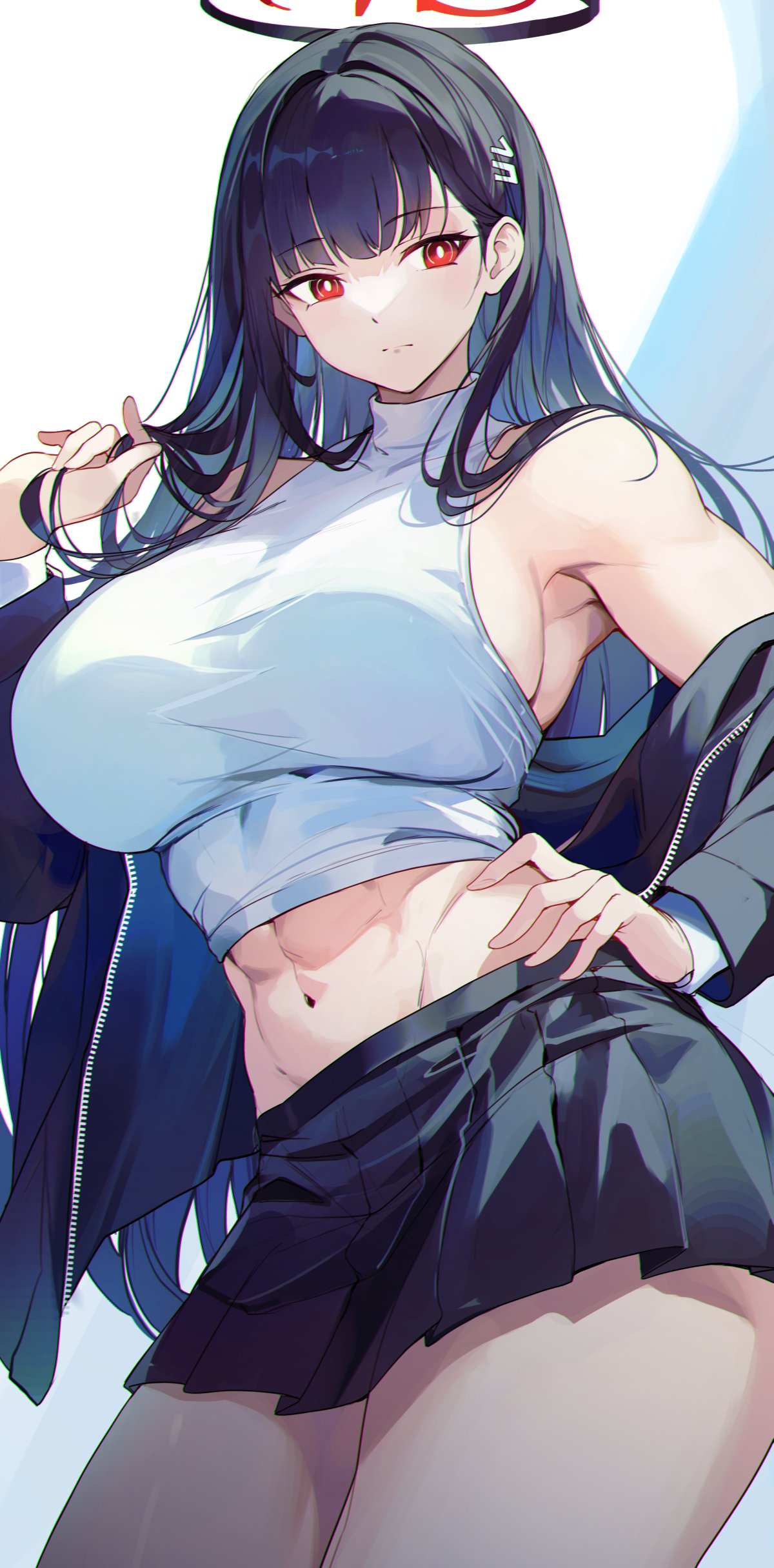 Anime 1200x2430 Blue Archive long hair portrait display black hair Tsukatsuki Rio miniskirt hands in hair thick thigh huge breasts black skirts closed mouth hair clip twirling hair standing white tank top armpits bare midriff long sleeves looking at viewer thighs red eyes hands on hips Furizuu20 Black Miniskirt open jacket hair ornament