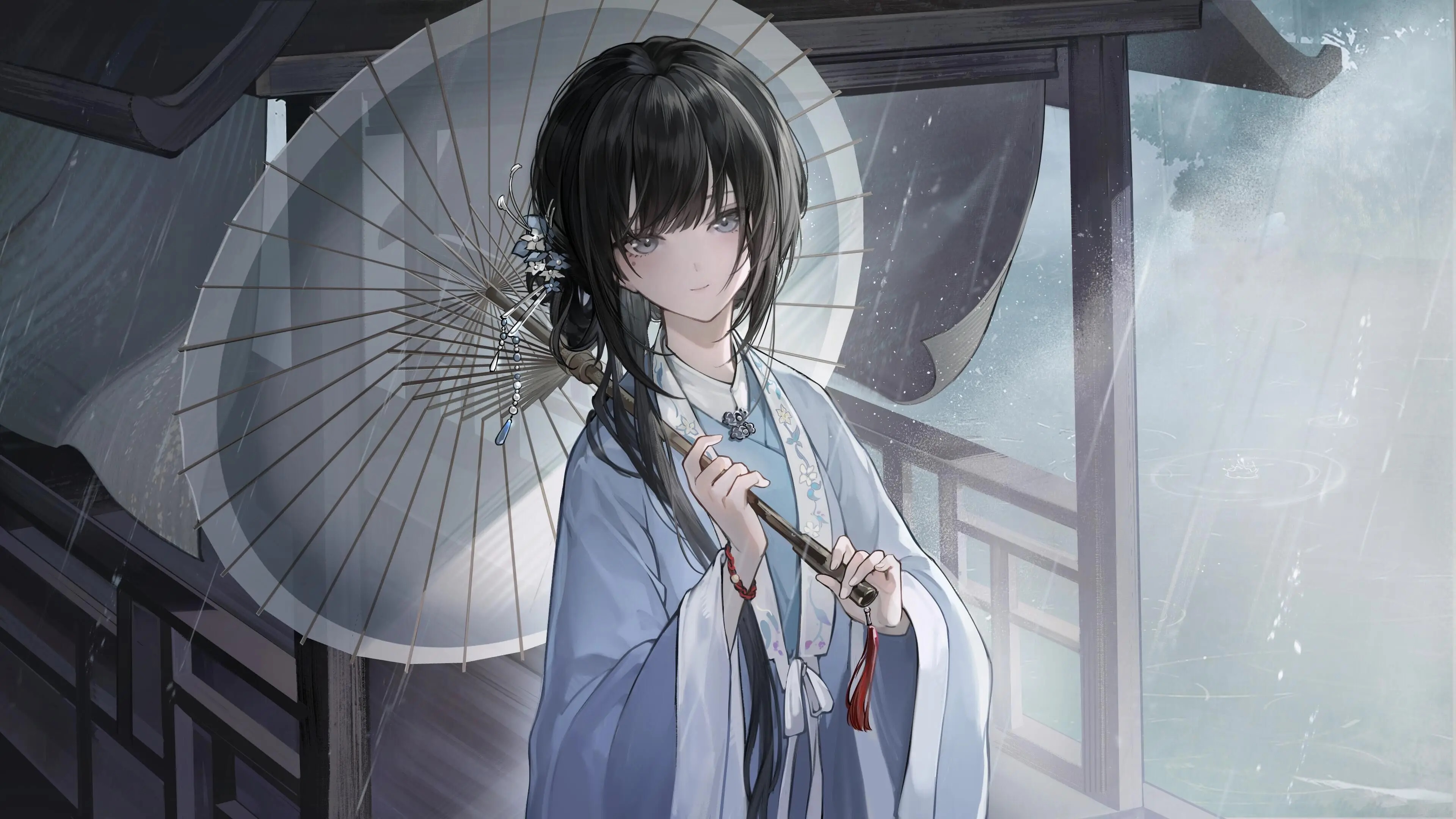 Anime 3840x2160 illustration galgame paper umbrellas hanfu looking at viewer smiling anime girls black hair wide sleeves long sleeves tassels closed mouth moles mole under eye Japanese clothes standing blue eyes hair ornament
