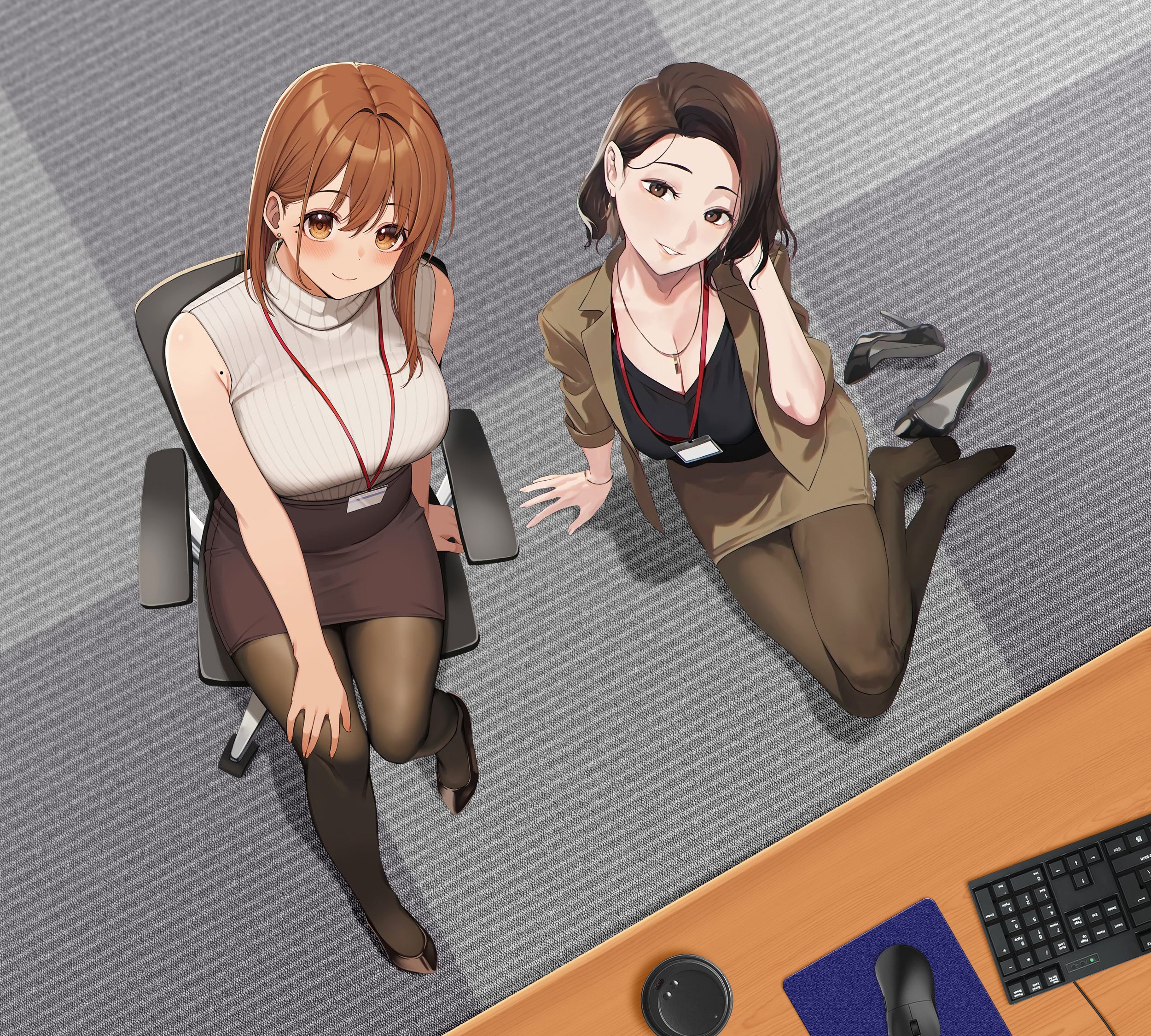 Anime 2500x2250 office girl office high angle badge pantyhose keyboards looking at viewer mouse pad