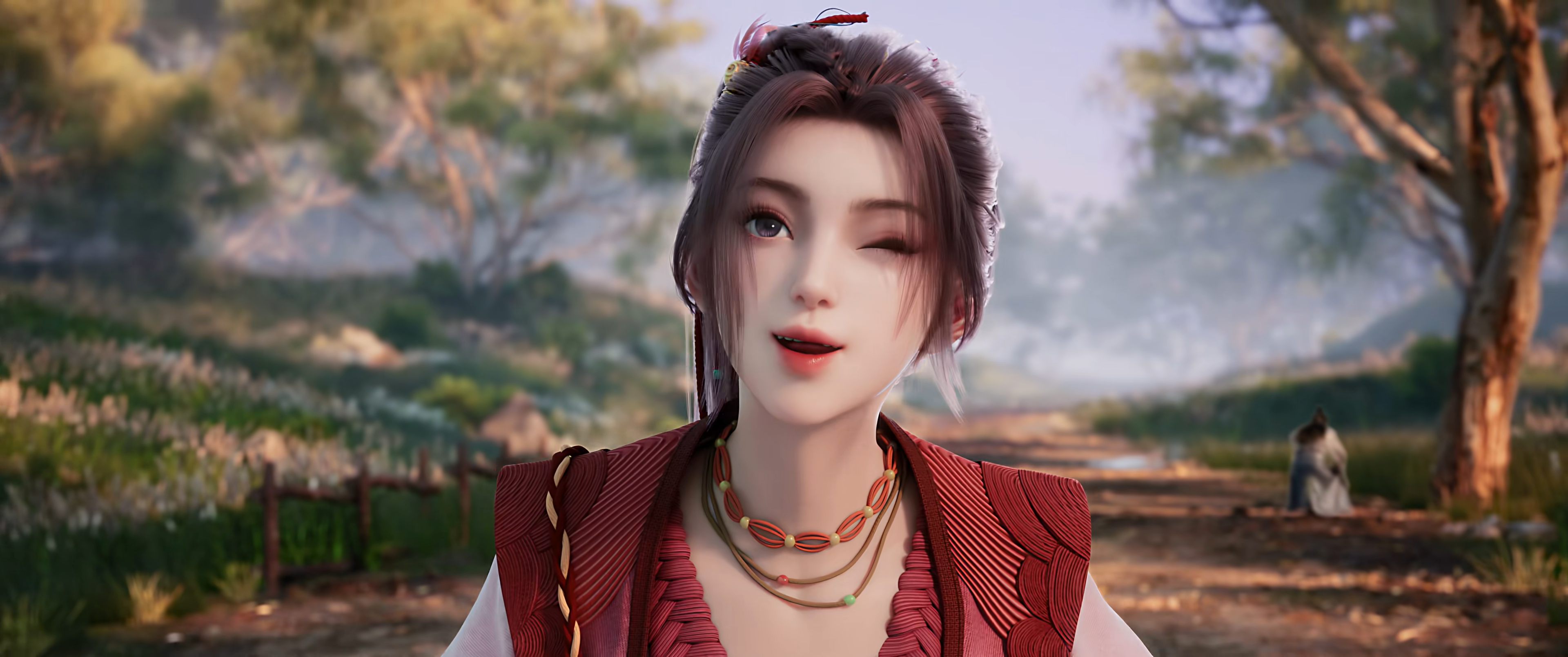 General 3840x1608 Zhu Xian one eye closed fantasy girl fantasy art blurry background trees looking at viewer smiling short hair open mouth brunette brown eyes Chinese cartoon CGI wide screen screen shot