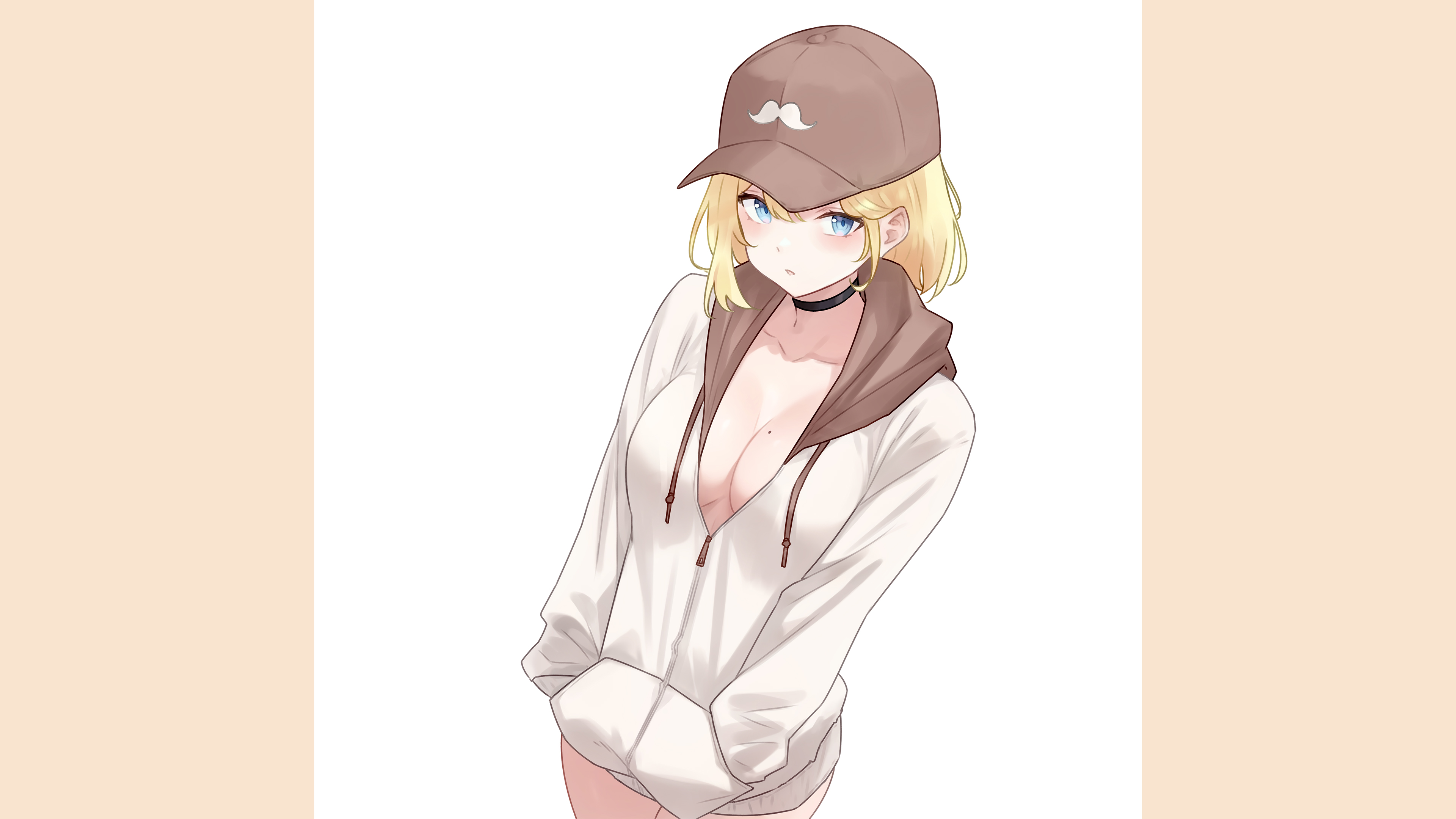 Anime 3840x2160 bluefield Watson Amelia Hololive Hololive English anime anime girls blonde brown hat choker blue eyes white hoodie no bra cleavage boobs mole on breast looking at viewer simple background fan art digital art artwork 2D open sweatshirt