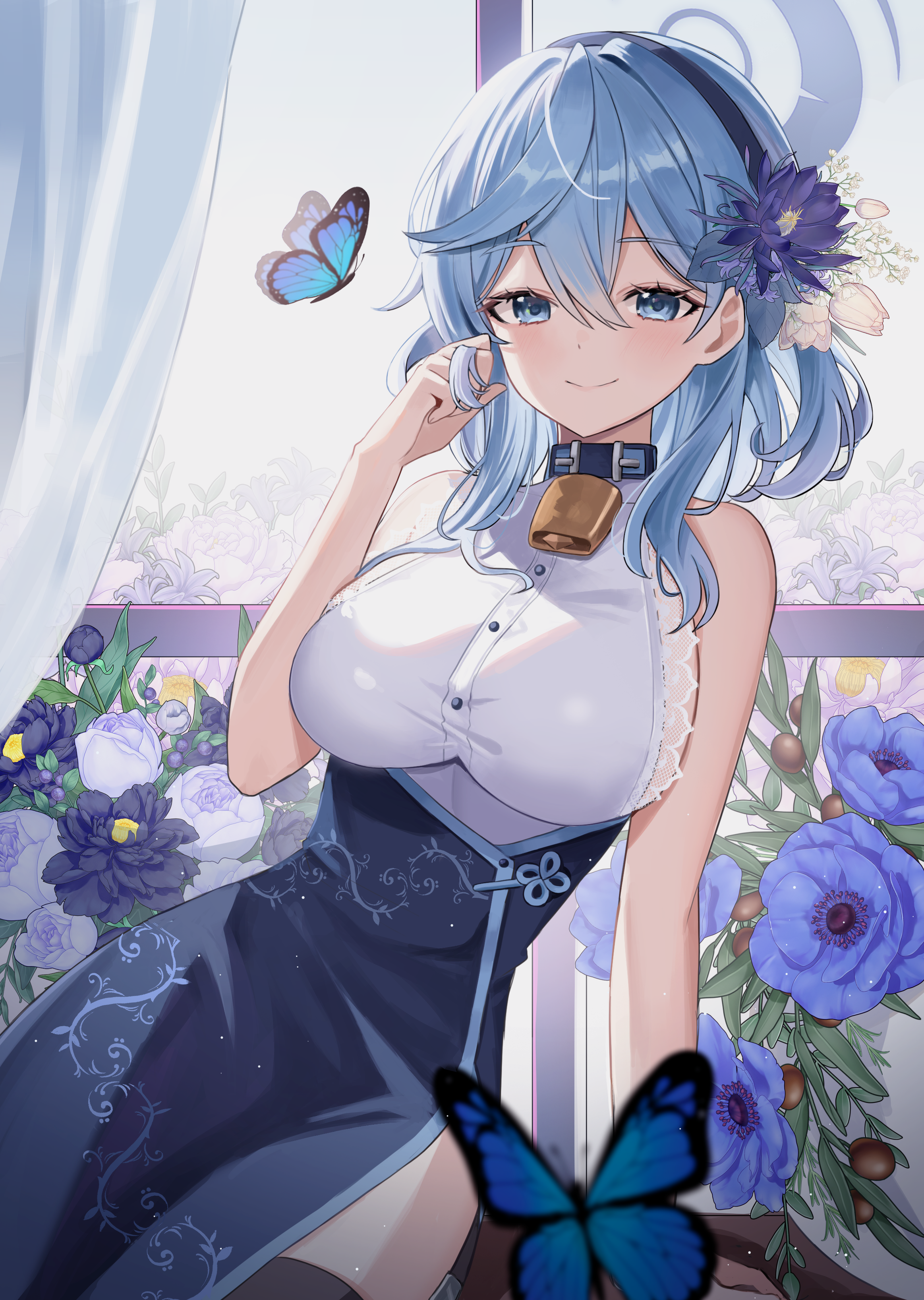 Anime 2326x3271 anime anime girls Pixiv portrait display Nannung Blue Archive Amau Ako (Blue Archive) hair between eyes smiling butterfly long hair blue hair blue eyes looking at viewer skinny bare shoulders choker window curtains natural light sideboob huge breasts headband flowers leaves insect bells blushing hands in hair closed mouth