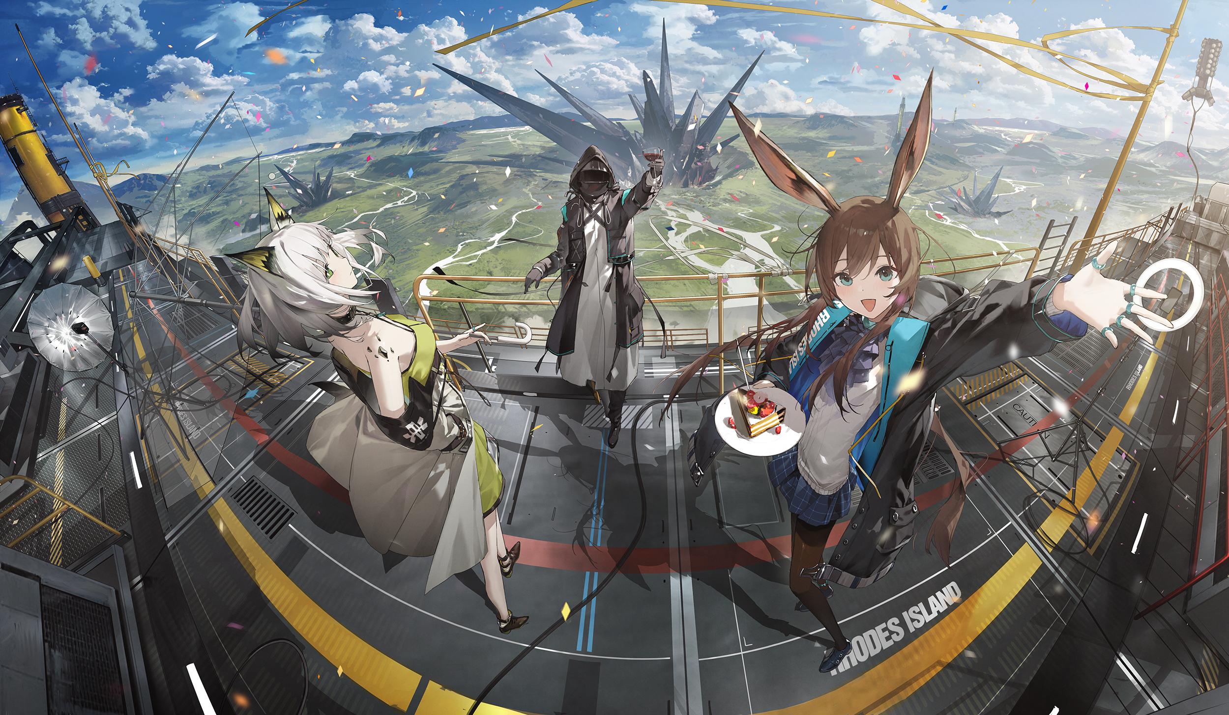 Anime 2500x1456 Arknights animal ears Amiya (Arknights) clouds Doctor (Arknights) confetti Kal'tsit (Arknights) food landscape high angle looking at viewer sky two women umbrella fisheye lens long hair long sleeves standing iron railing bunny ears cat ears group of people Kieed cake arms up outdoors cup drink