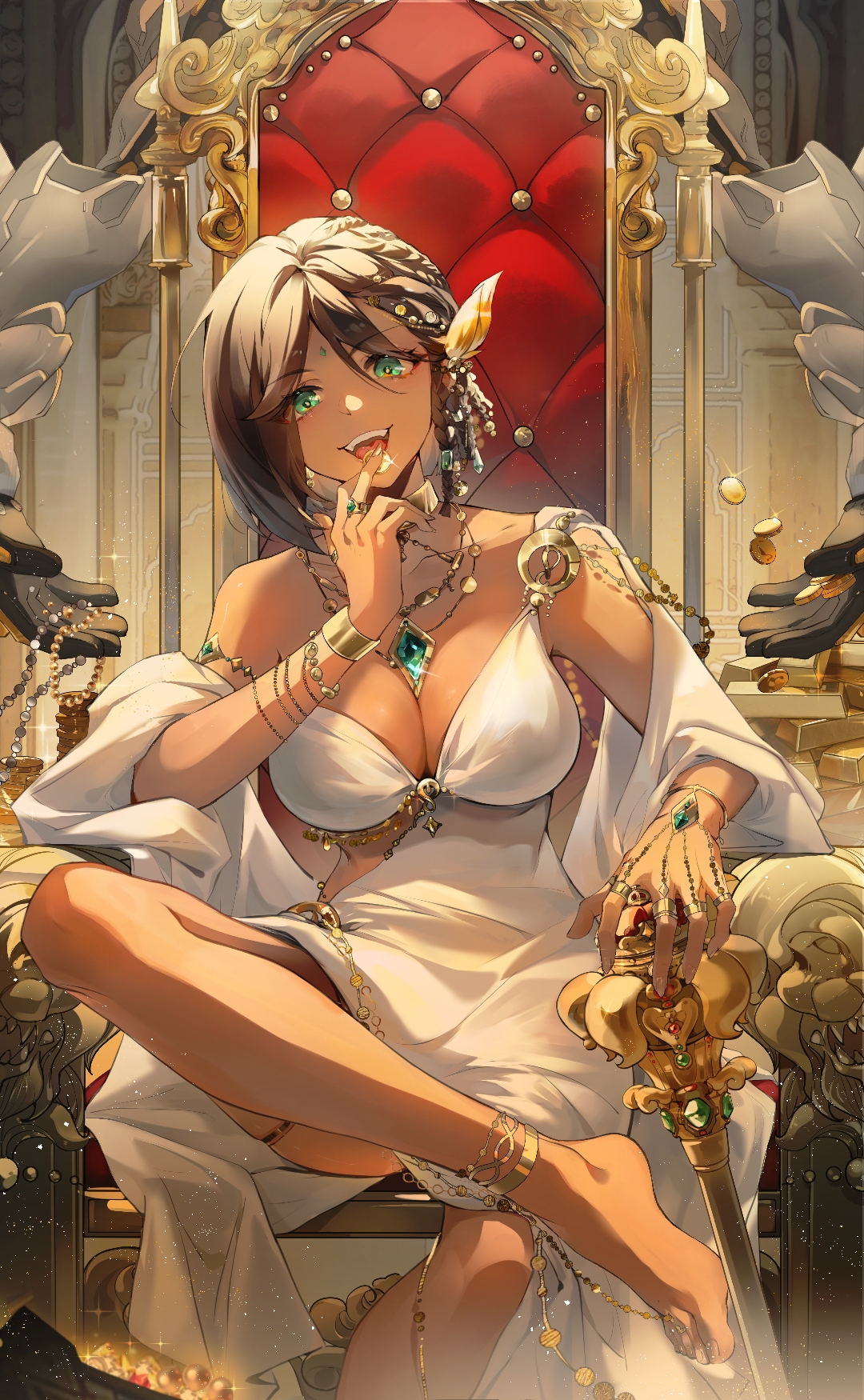 Anime 1080x1750 Snowbreak: Containment Zone portrait display earring looking at viewer dress Nita (Snowbreak: Containment Zone) white dress open mouth head tilt frontal view gold coins necklace necklace between boobs rings hair ornament throne harem outfit bracelets thigh strap green eyes big boobs jewelry body jewelry