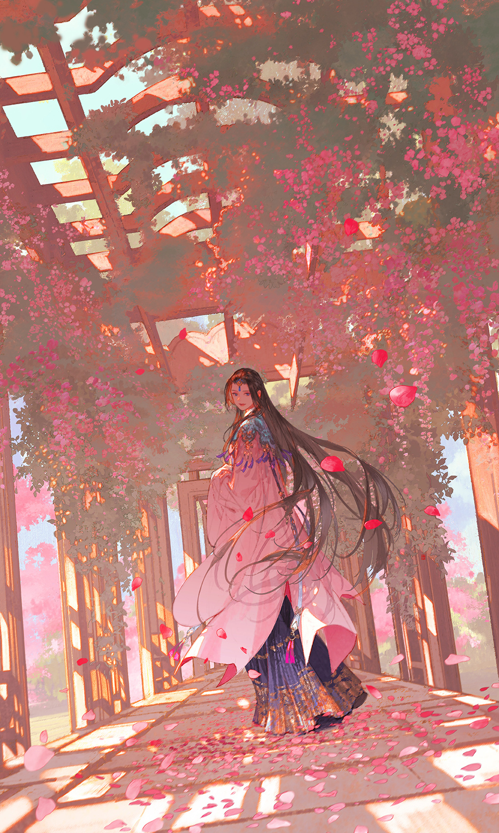 Anime 992x1654 Ibuki Satsuki pink flowers portrait display long hair looking at viewer dress cherry blossom standing looking back long sleeves dappled sunlight petals vines women outdoors