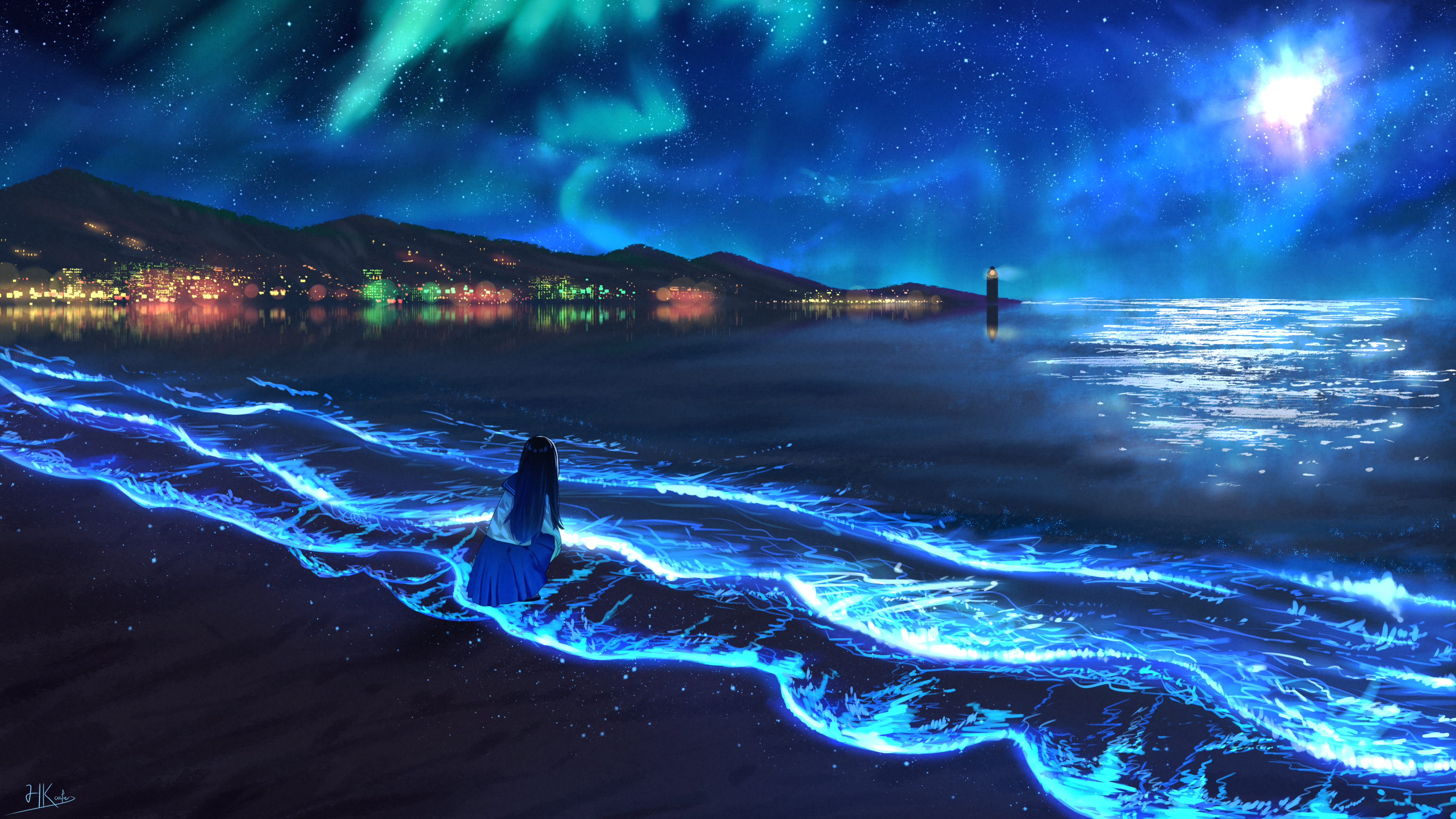 Anime 3840x2160 sea beach night waves sky
