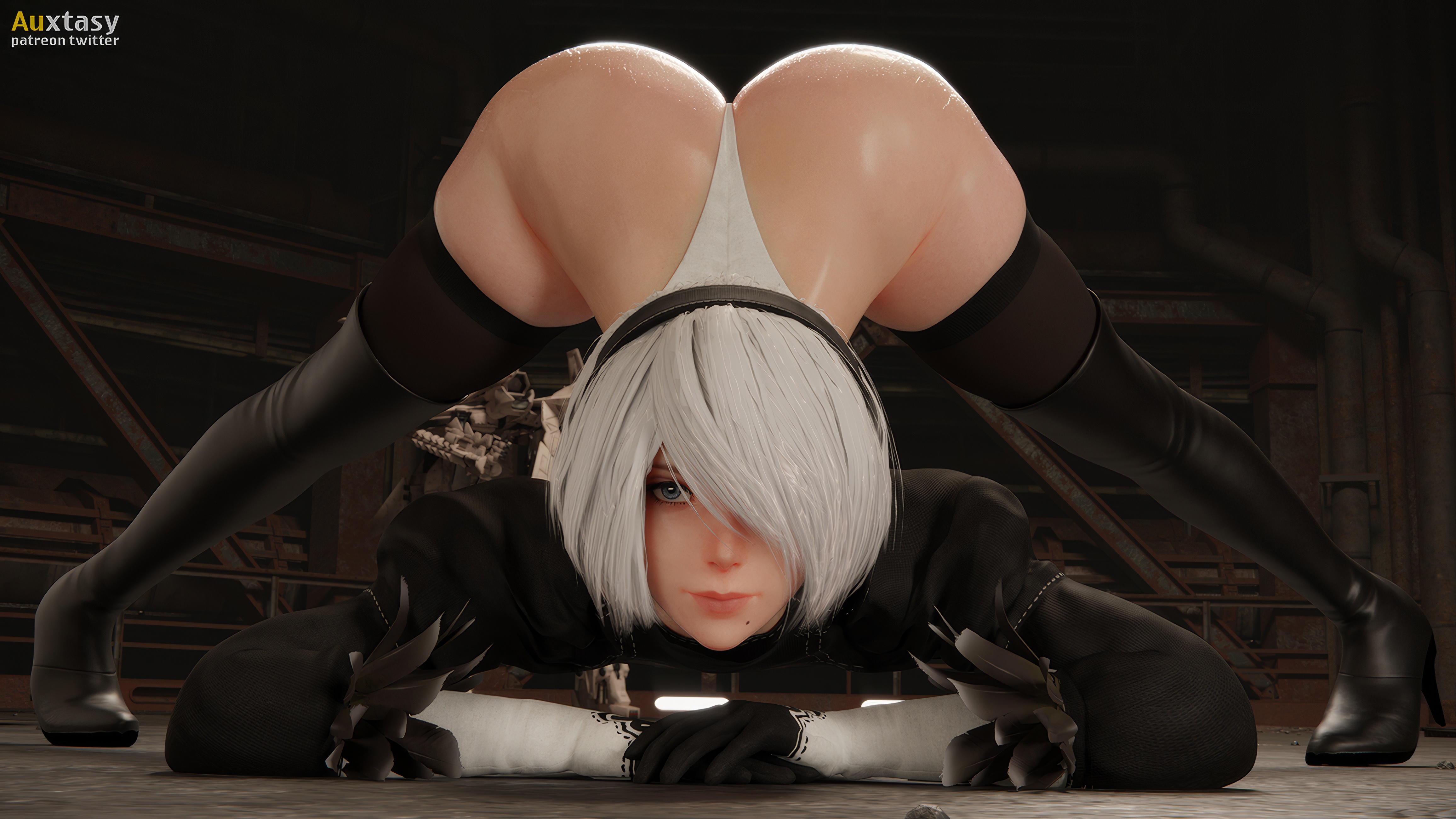 General 4623x2601 Auxtasy 2B (Nier: Automata) video games white hair bodysuit leotard thong leotard butt floss stockings digital art Jack-O Challenge moles mole under mouth face Nier: Automata headband video game girls short hair video game characters CGI spread legs closed mouth feather-trimmed sleeves blue eyes black stockings black thigh highs ass frontal view bent over