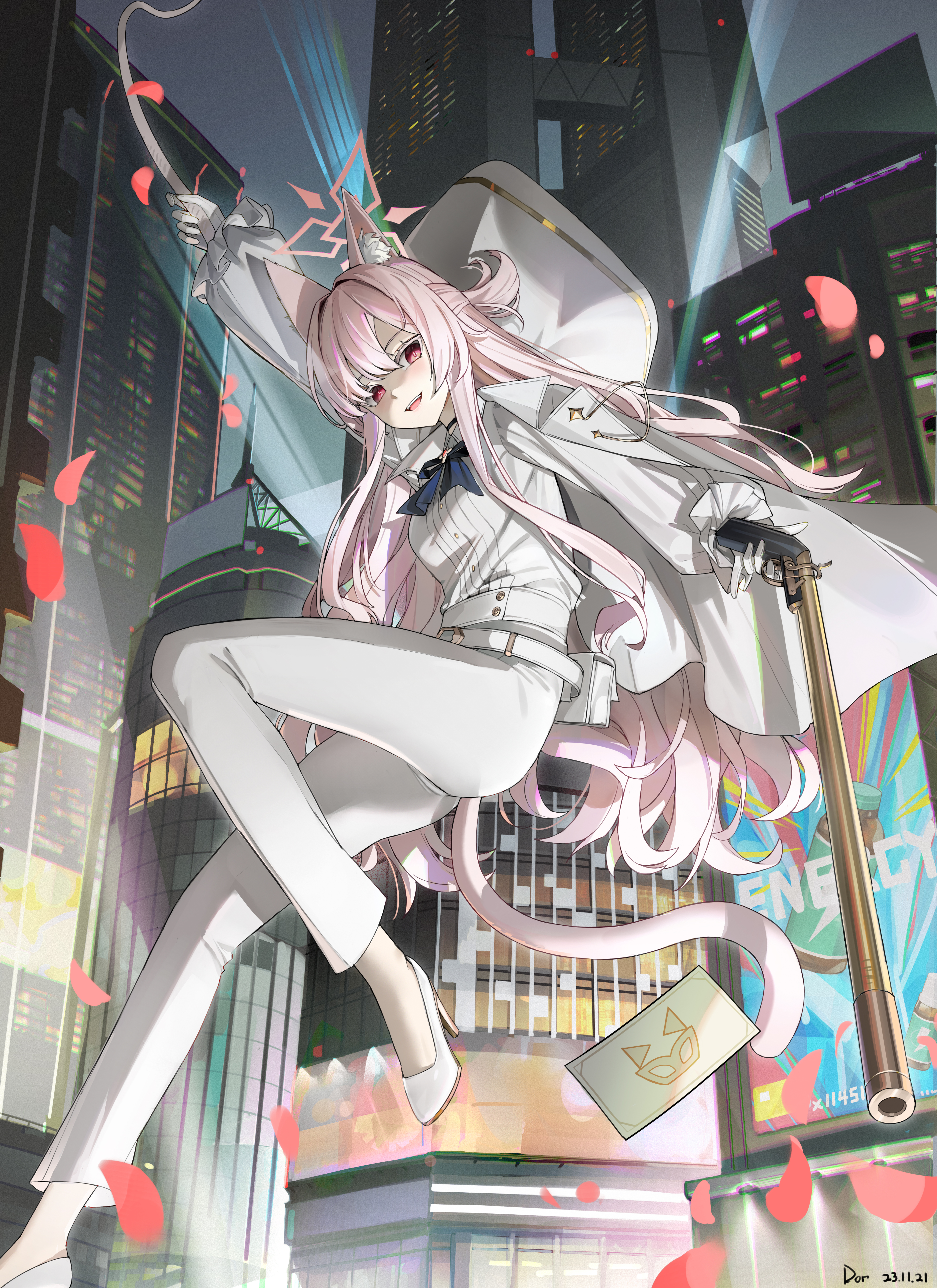 Anime 4000x5495 anime anime girls gun pink hair digital art Dormency_sy original characters smiling hair between eyes long hair portrait display high heels building signature dated parted lips cat girl cat ears cat tail girls with guns white gloves gloves petals city lights