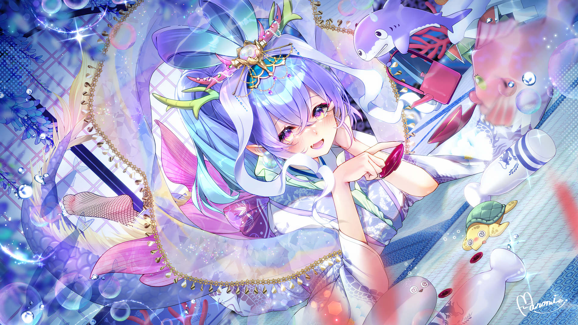 Anime 1920x1080 anime anime girls Maronie open mouth hair between eyes smiling lying down lying on front signature pointy ears animals sparkles sake feet fishnet foot sole feet in the air Japanese clothes kimono gradient eyes mermaids headdress hair ornament blushing underwater water gradient hair turtle