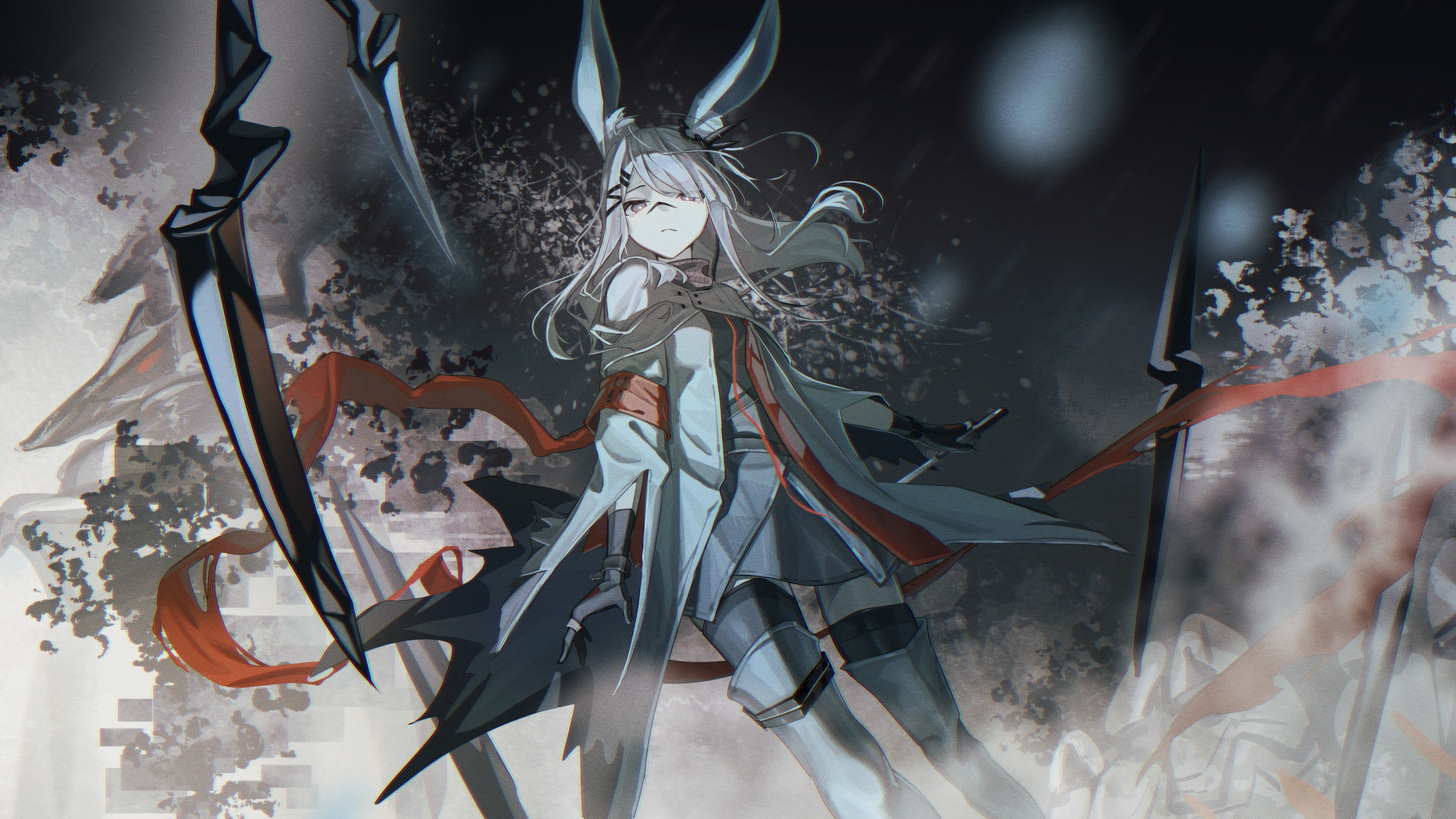 Anime 3840x2160 anime anime girls weapon Arknights Frostnova(Arknights) hair over one eye ribbon thigh-highs black gloves gray hair natsuba002 gloves closed mouth hair ornament bunny ears bunny girl standing bangs scars coats white coat hair clip knife black thigh-highs