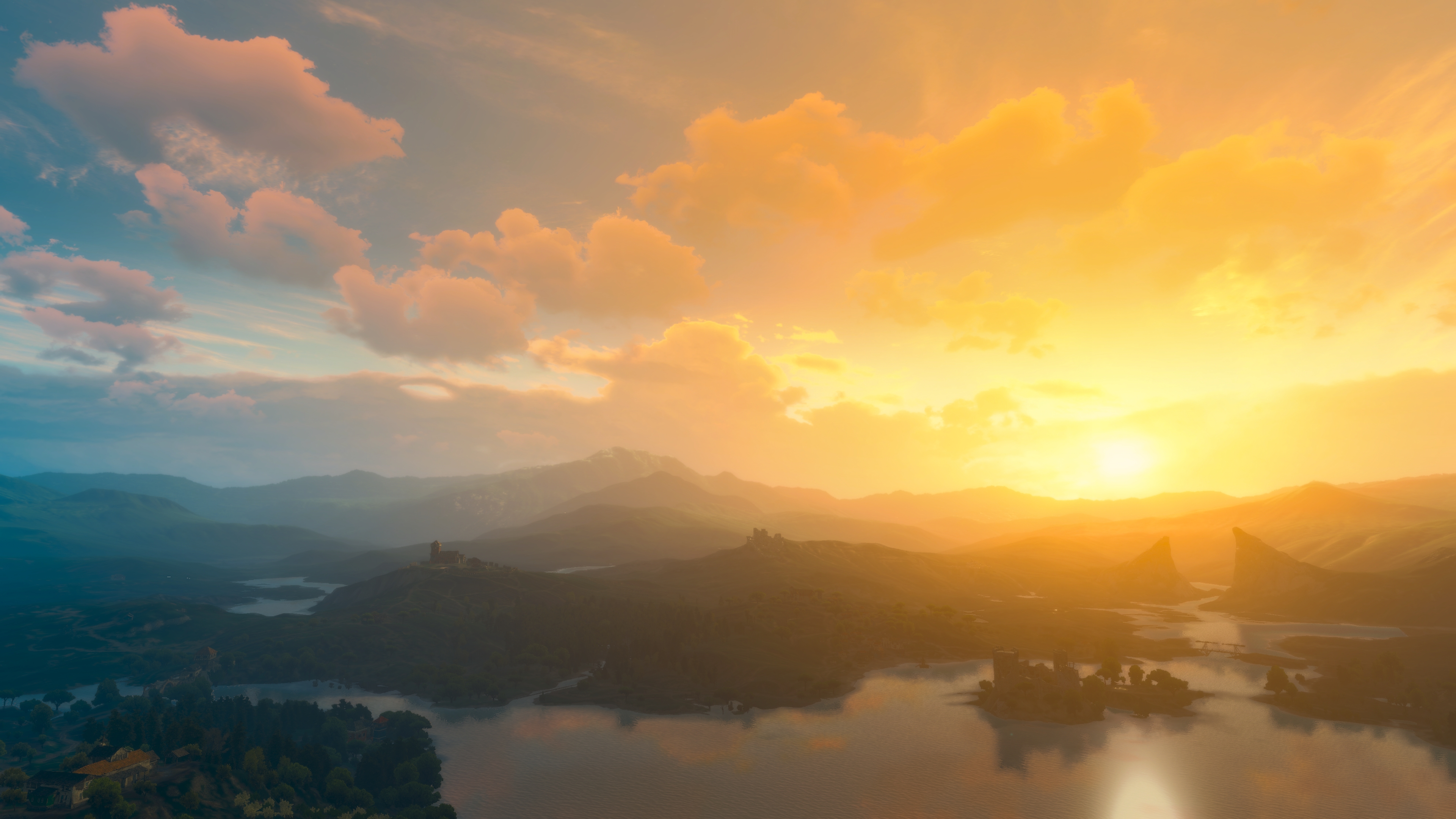 General 3840x2160 The Witcher 3: Wild Hunt PC gaming video games The Witcher 3: Wild Hunt - Blood and Wine dawn landscape mountains tussent video game art screen shot water reflection sky Sun clouds sunlight sunset sunset glow