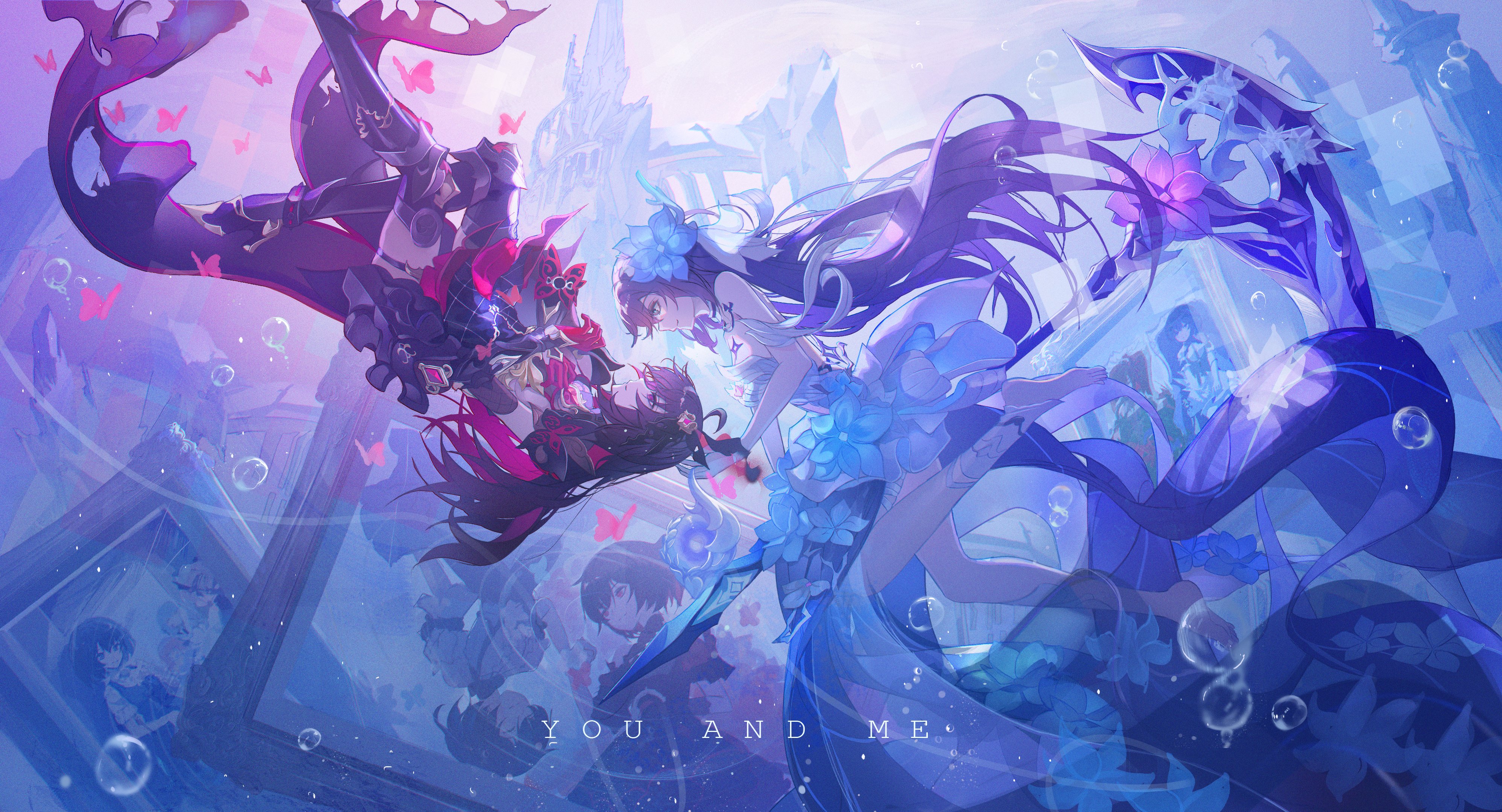 Anime 3992x2160 Honkai Impact artwork Honkai Impact 3rd fan art Seele Seele Vollerei anime anime girls twins underwater dress hairpins flower in hair bubbles black hair long hair barefoot T_blence picture frames smiling closed mouth flowers butterfly insect scythe weapon