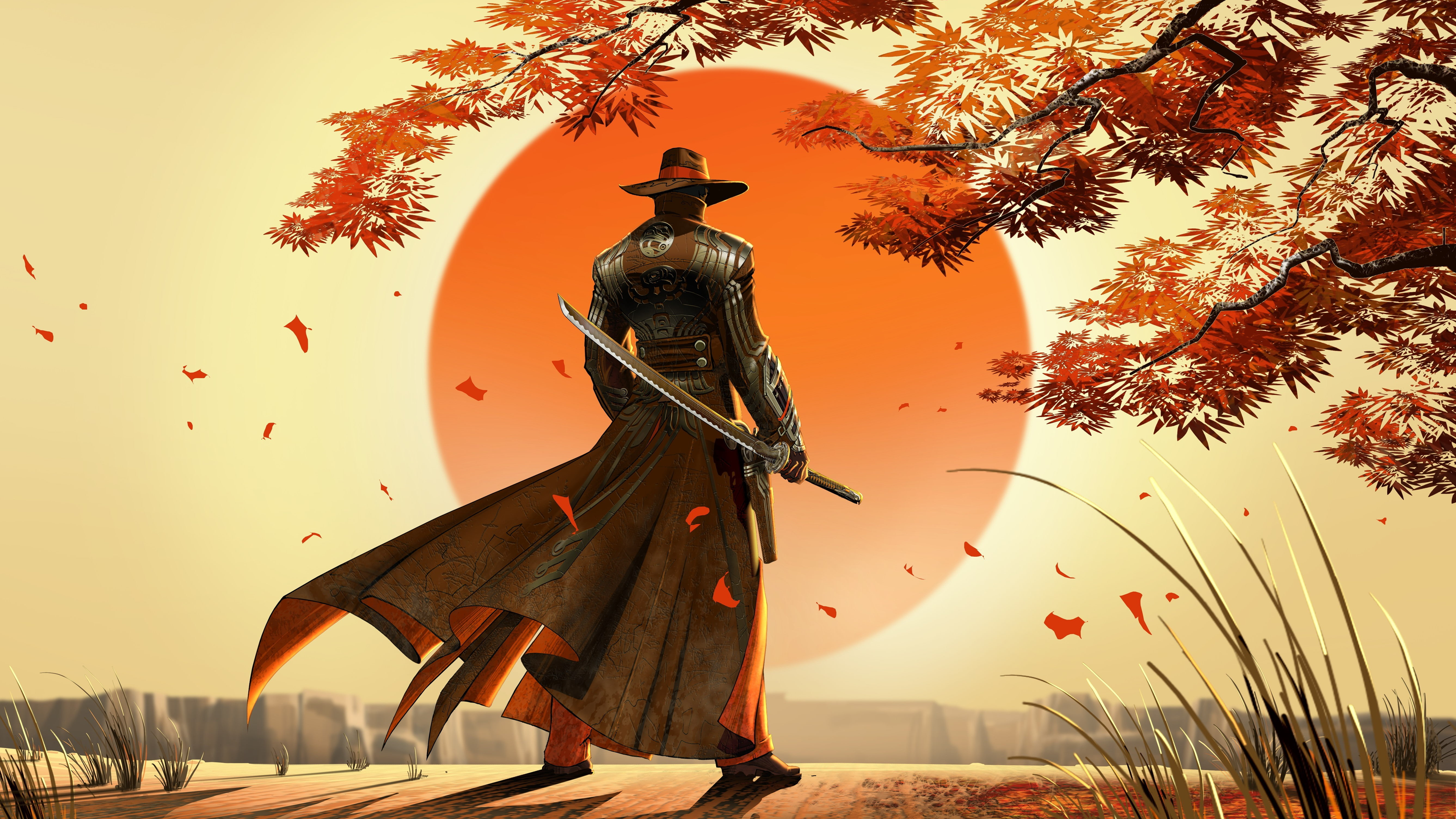 General 3840x2160 digital art Red Steel 2 samurai cowboy katana Sun clouds gun branch leaves petals weapon hat tailcoat sunlight