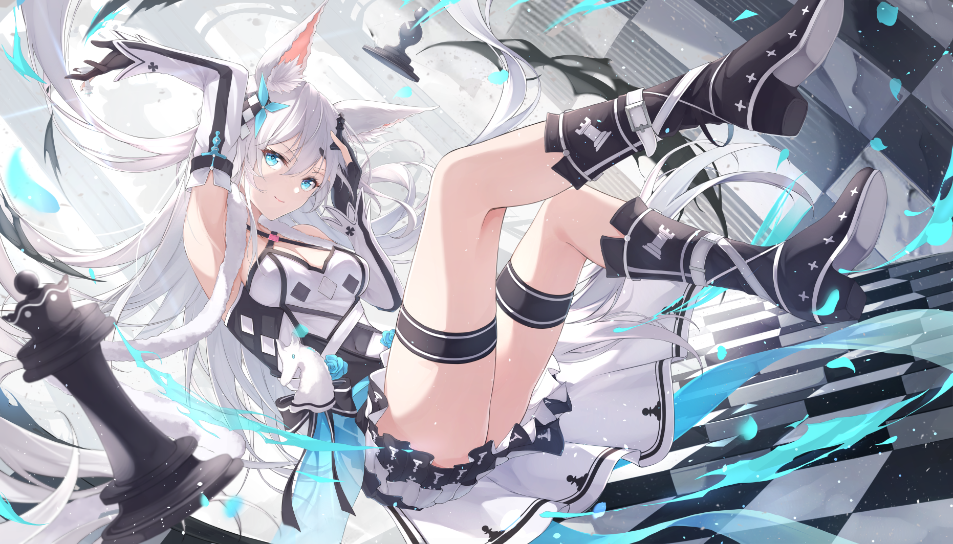 Anime 1862x1064 anime anime girls Fuuro looking at viewer hair between eyes smiling closed mouth long hair checkered white hair blue eyes one arm up shoe sole skirt chess fox girl fox ears hair ornament leg ring boots elbow gloves gloves thighs frills miniskirt bare shoulders bright