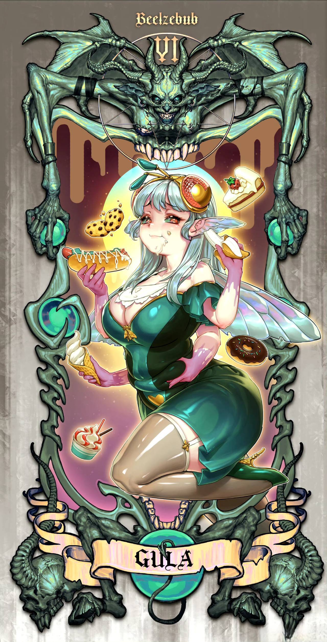Anime 1280x2515 original characters cards Gluttony portrait display anime girls digital art looking at viewer demon long hair blue hair eating pointy ears food big boobs wings gloves donut ice cream hot dogs bananas cookies sweets cake heels stockings garter belt chubby bare shoulders closed mouth Latin