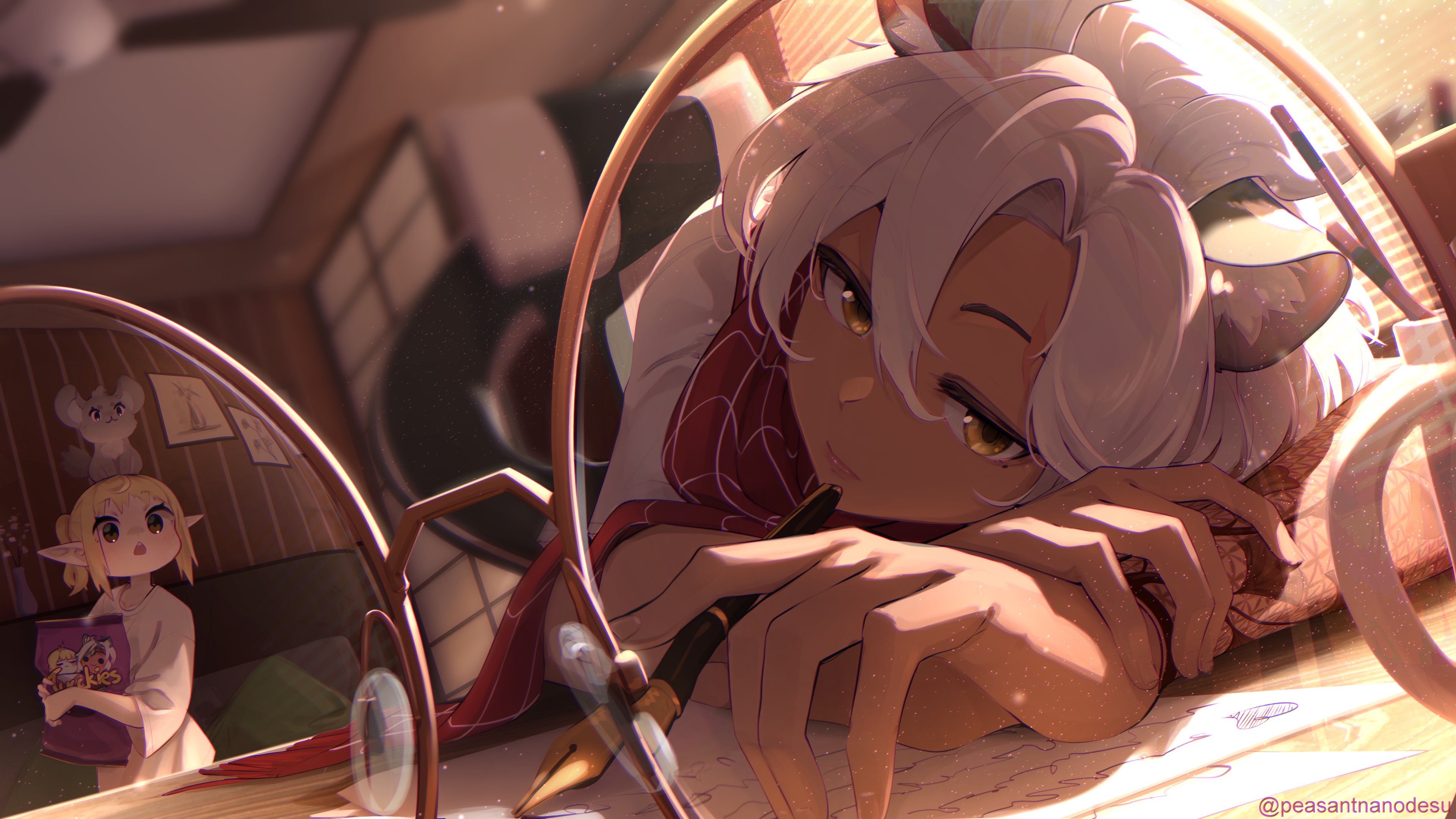 Anime 3840x2160 indie virtual youtuber pens anime girls two women animal ears closeup Virtual Youtuber elves looking at viewer paper yellow eyes pointy ears lying on front white hair Peasantnanodesu blonde blurry background tattoo Sansin Jin women indoors depth of field sunlight watermarked glasses mother and daugther hair between eyes
