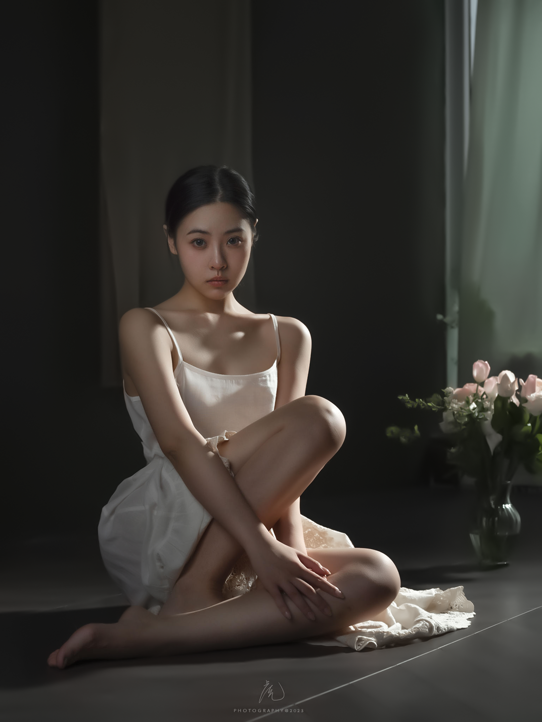 People 1080x1440 Lee Hu women Asian dark hair white clothing barefoot flowers