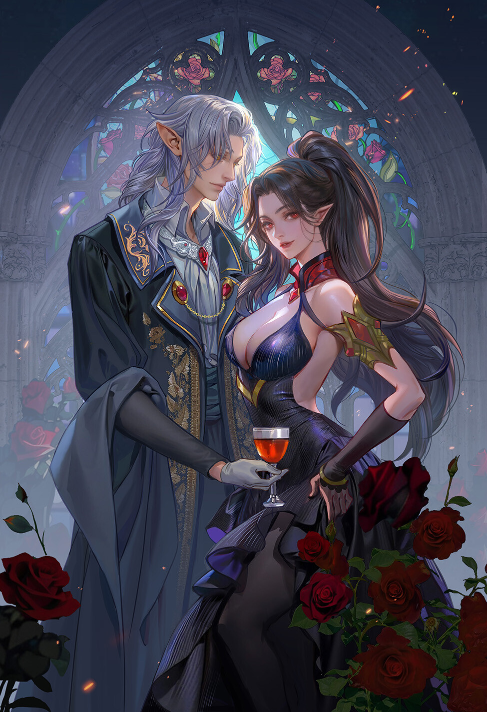 General 975x1425 drawing women men dress wine rose portrait display digital art Fan Yang pointy ears standing looking at viewer cleavage big boobs drinking glass drink gloves leaves ponytail long hair stained glass parted lips closed mouth suits