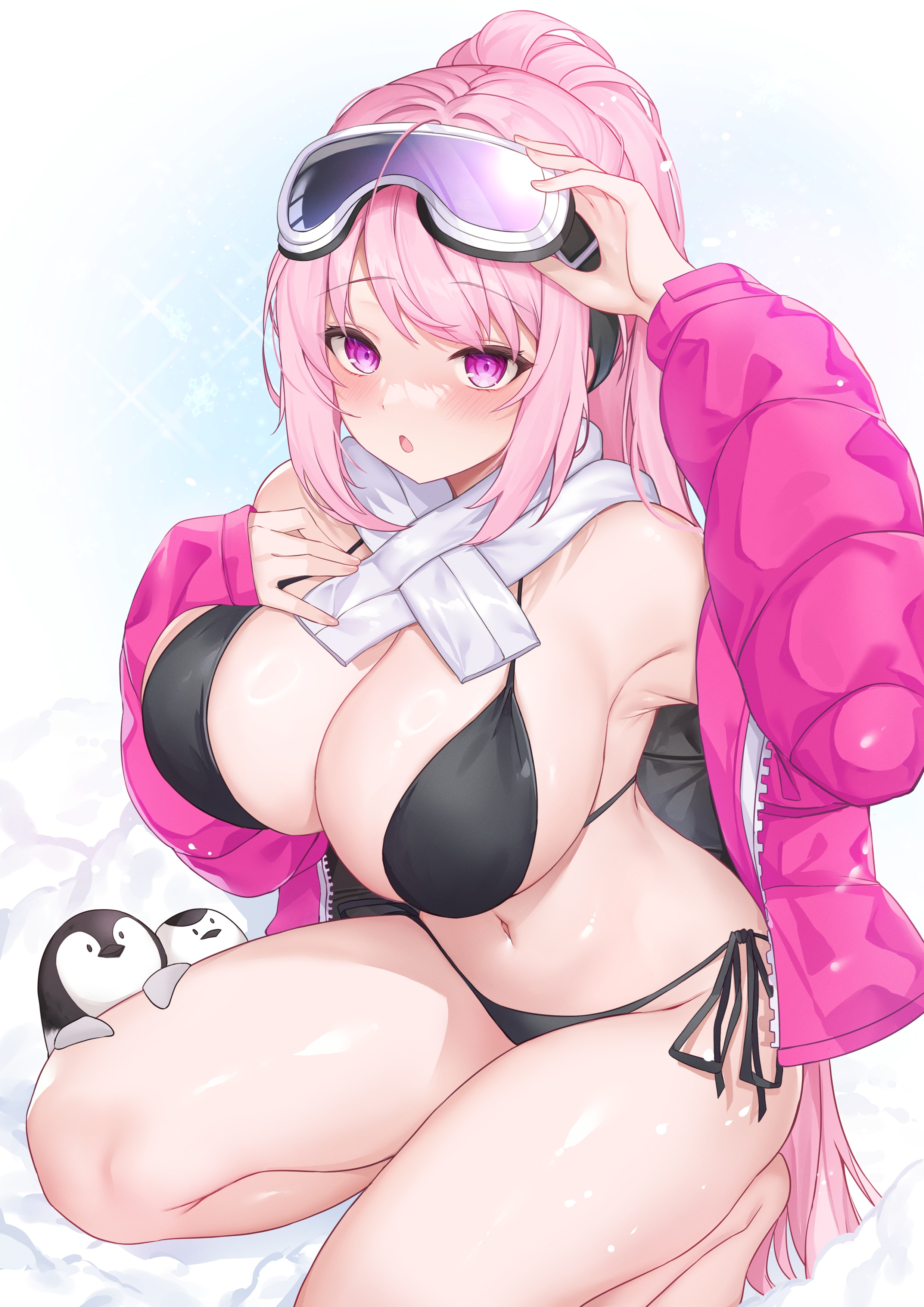 Anime 2475x3500 anime anime girls Izumimoto Eimi bikini Blue Archive huge breasts portrait display goggles looking at viewer blushing kneeling animals coats simple background minimalism open mouth one arm up armpits cleavage pink hair purple eyes Deogho penguins ponytail bent legs