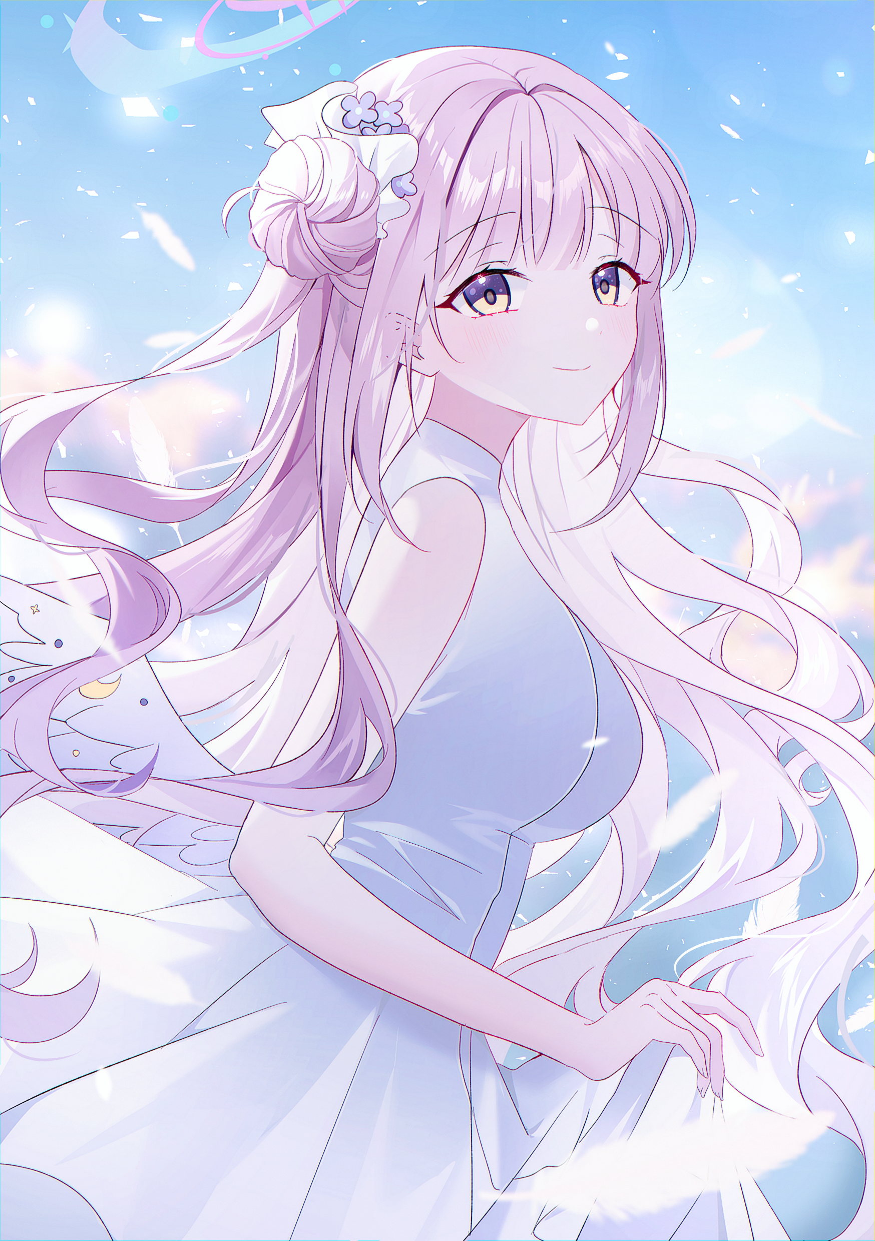 Anime 1748x2480 anime anime girls Blue Archive Misono Mika pink hair Senohime portrait display long hair looking at viewer dress yellow eyes closed mouth lifting dress feathers white dress wings hairbun flower in hair blushing sunlight side view