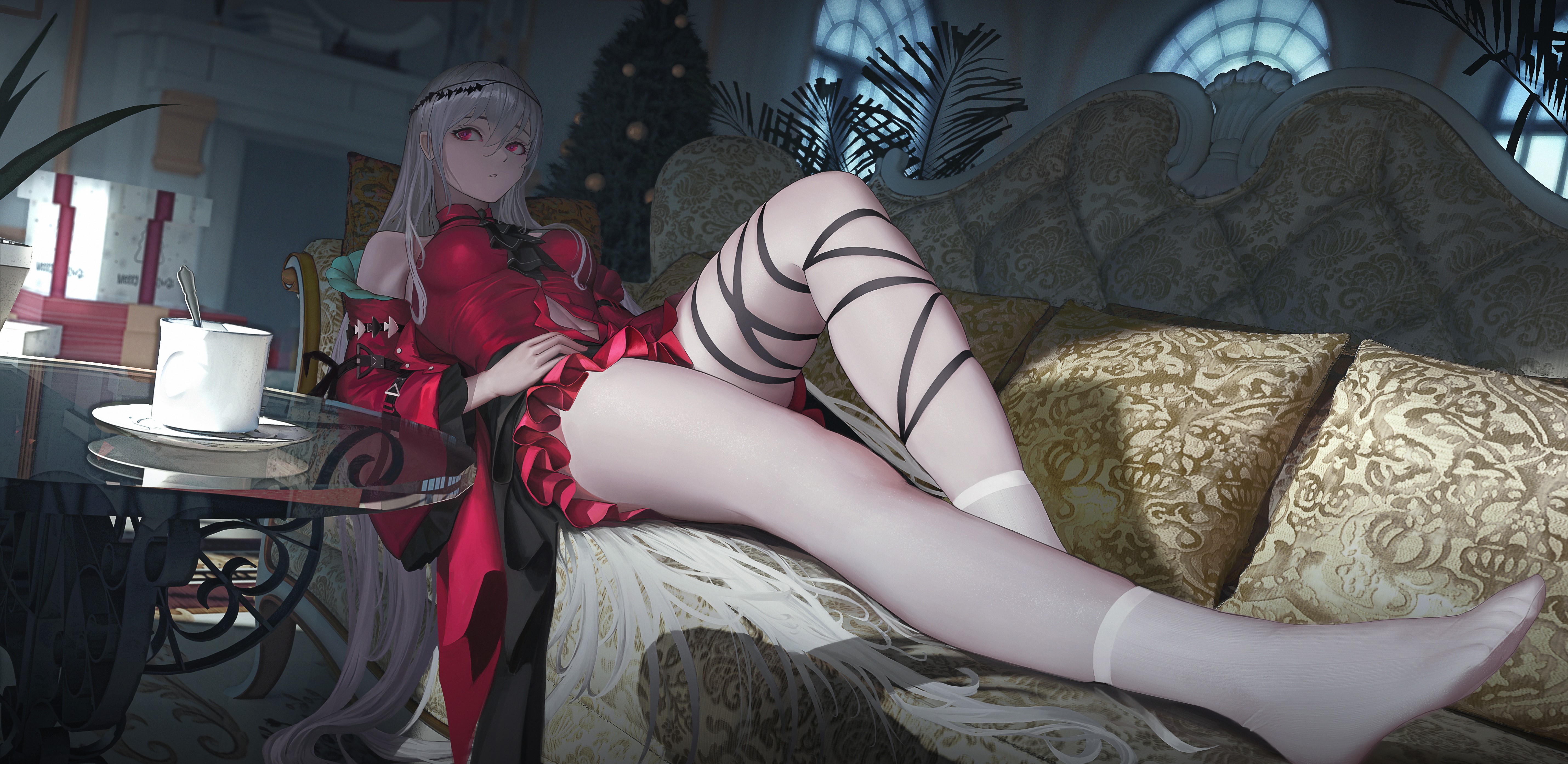 Anime 5720x2788 Skadi (Arknights) women Arknights thighs zfivez hair between eyes anime girls looking away lying down lying on back indoors women indoors anime red dress couch table dress long hair red eyes white hair bare shoulders reflection presents Christmas tree leaves Christmas presents window