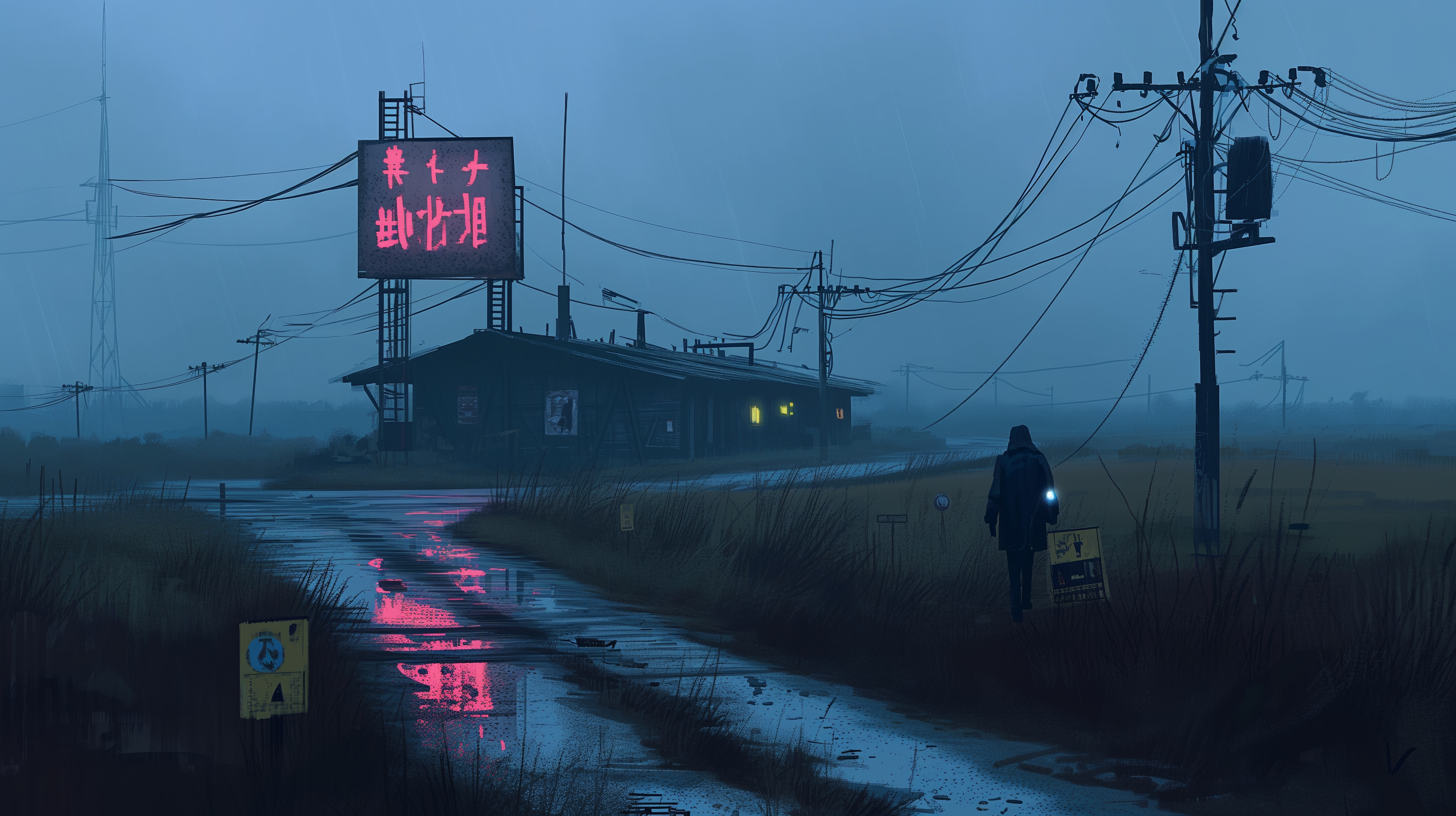 General 5824x3264 AI art illustration dark rural blue neon sign road cyberpunk utility pole reflection power lines