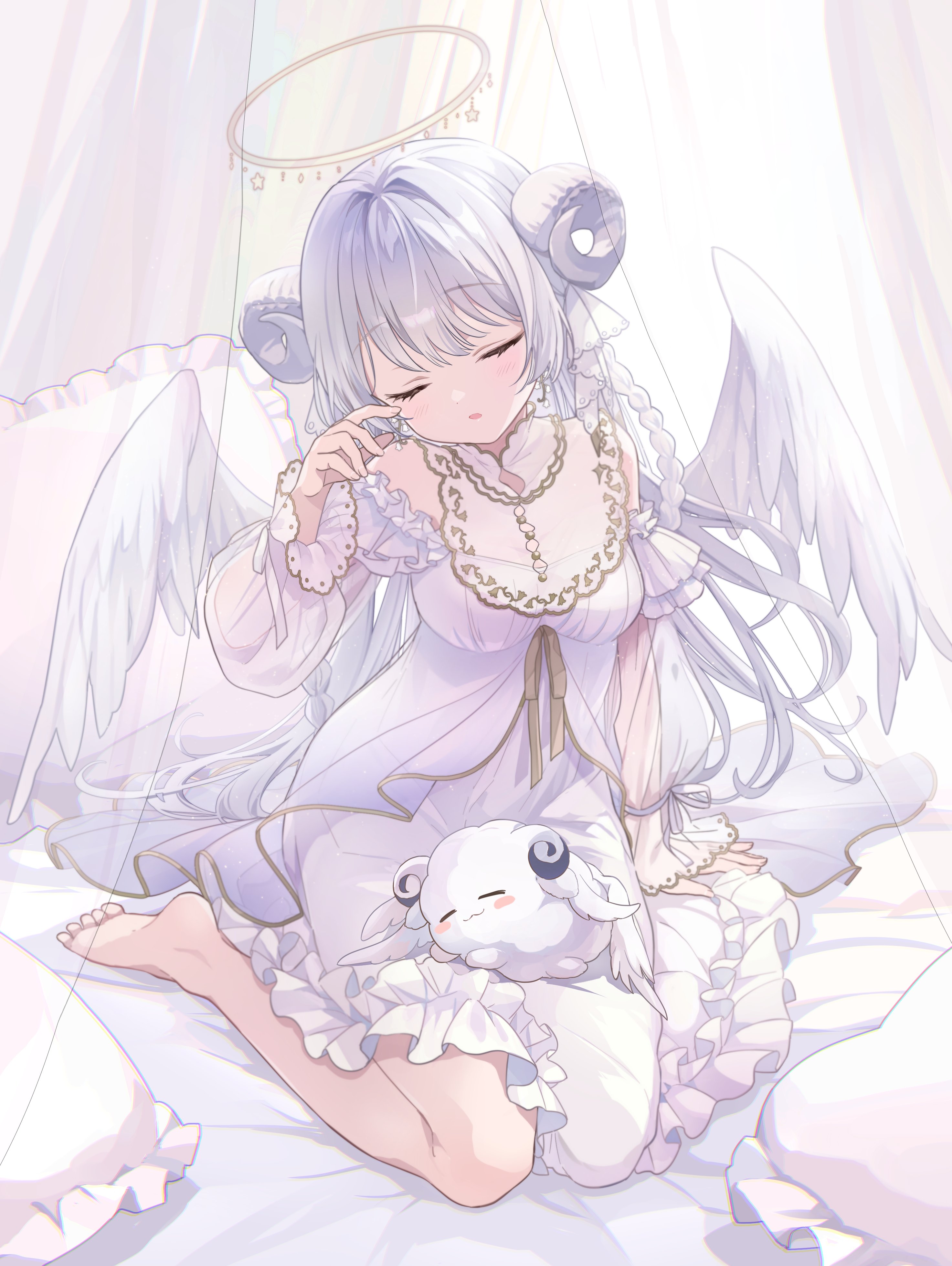 Anime 2946x3916 anime anime girls momoyama momo wings closed eyes kneeling bare shoulders long hair portrait display in bed pillow barefoot bed frills foot sole halo horns open mouth pyjamas bent legs sheep animals sleepy