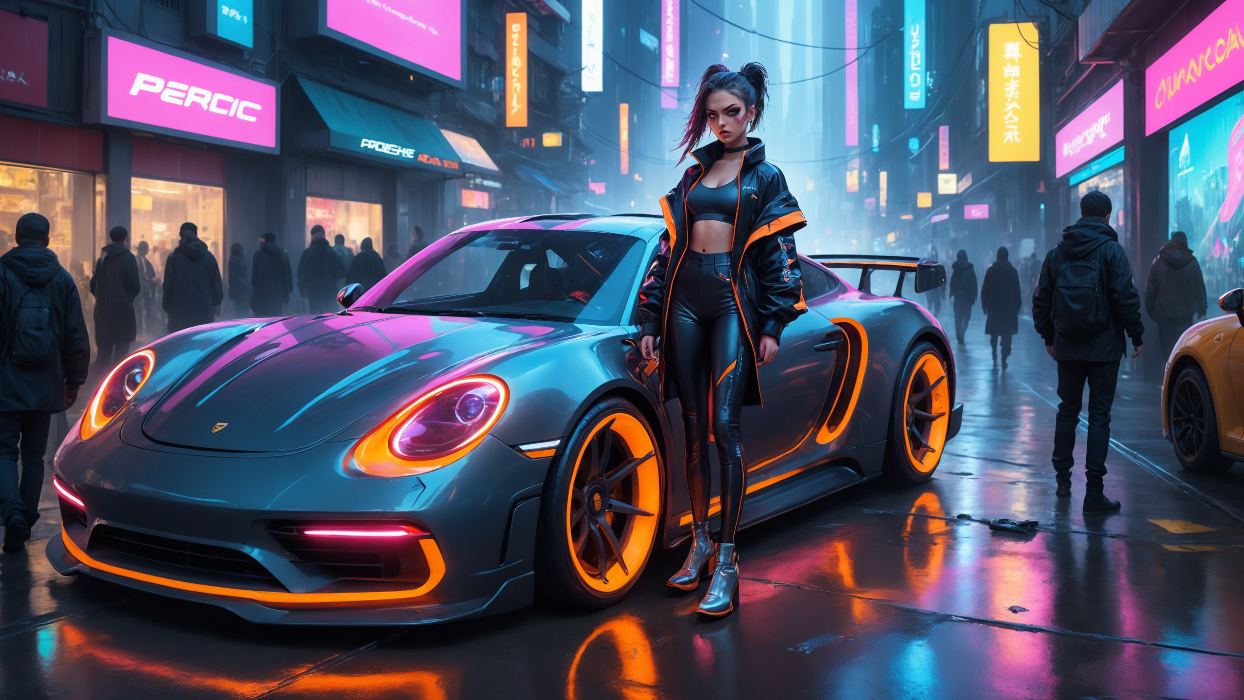 General 2560x1440 AI art Porsche neon women rain city night reflection car leather jacket orange cars digital art standing looking at viewer vehicle frontal view parted lips headlights tank top jacket belly sign building