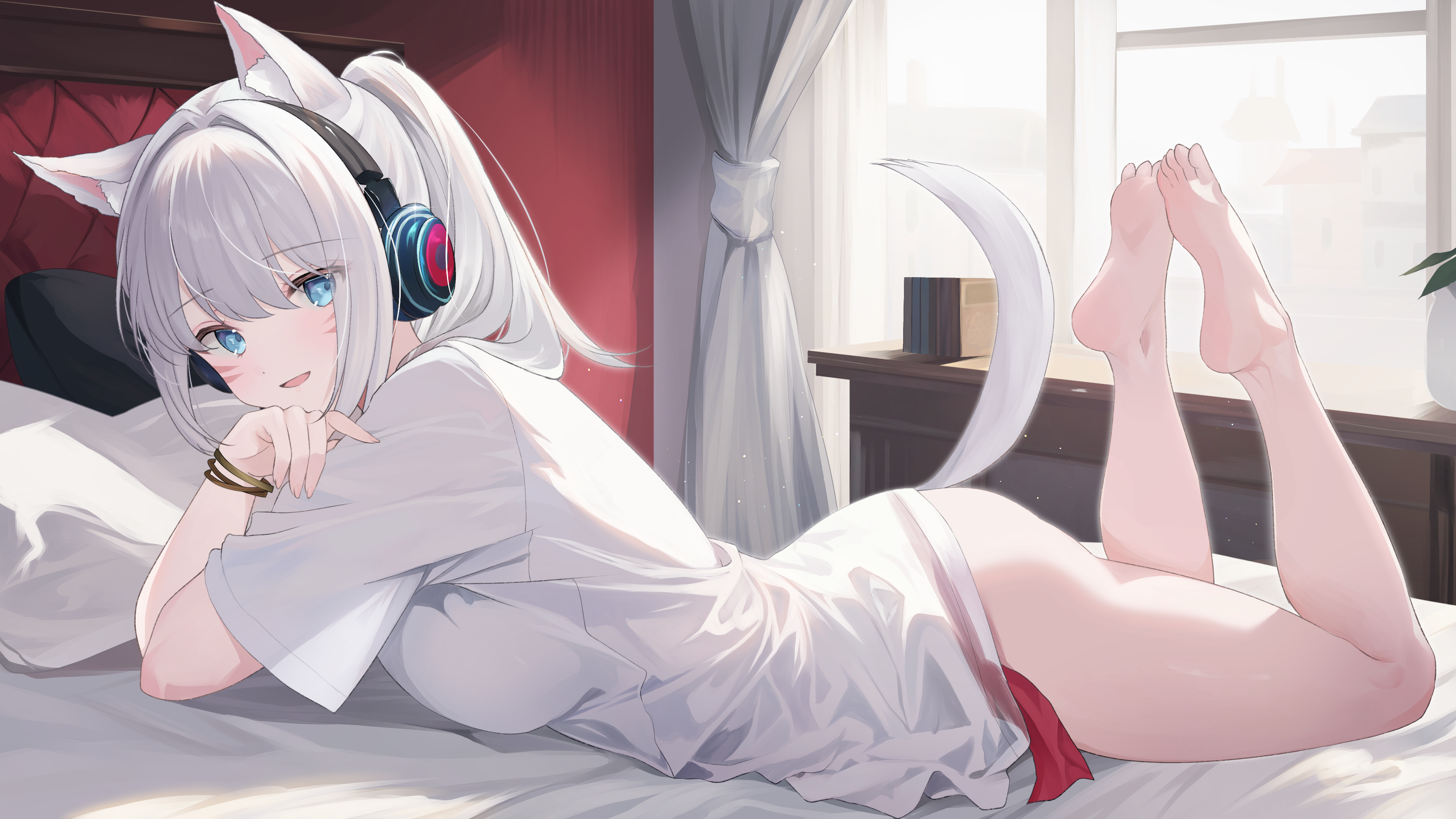 Anime 3840x2160 anime anime girls tail lying down looking at viewer cat ears headphones feet in the air barefoot lying on front kurage_cc foot sole indoors women indoors ponytail hair between eyes bracelets sunlight fox ears fox tail ass fox girl open mouth blue eyes white hair bed pillow in bed window leaves
