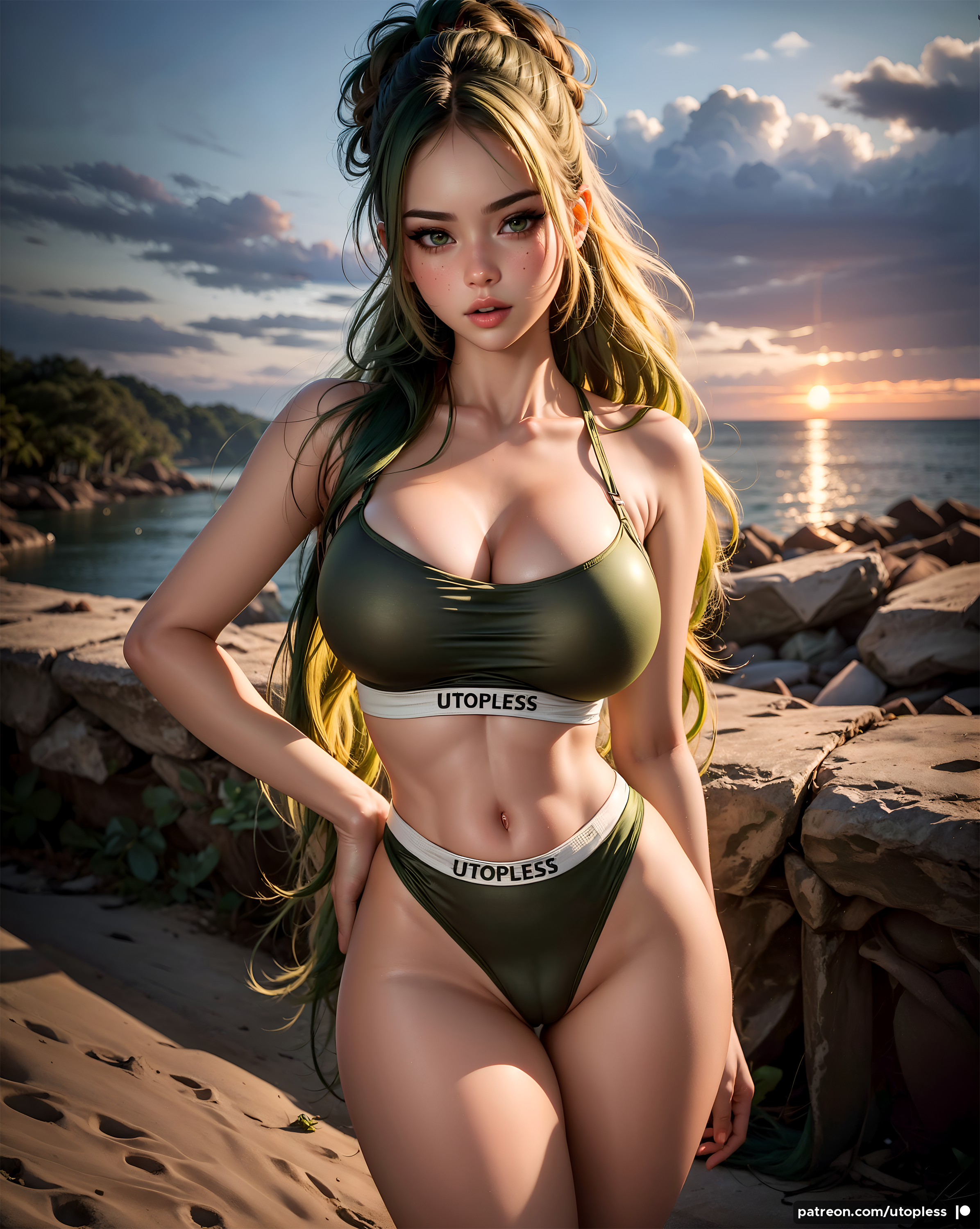General 2392x3000 Utopless women AI art Stable Diffusion swimwear digital art cameltoe watermarked outdoors women outdoors Sun sky sunlight clouds water hips portrait display standing parted lips long hair collarbone cleavage slim body juicy lips the gap