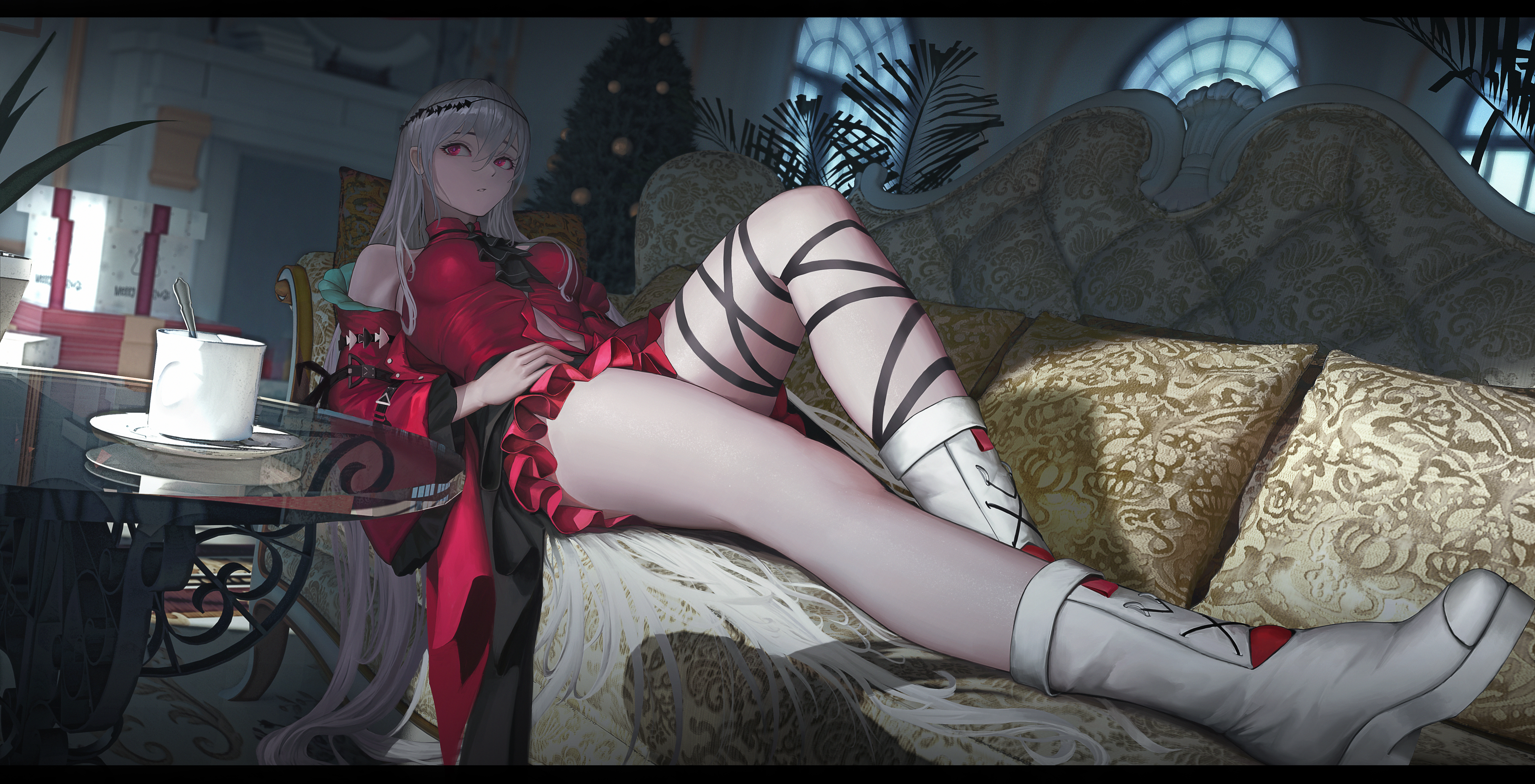 Anime 5734x2930 Skadi (Arknights) women Arknights thighs zfivez hair between eyes anime girls looking away lying down lying on back indoors women indoors anime red dress couch table dress long hair red eyes white hair bare shoulders reflection presents Christmas tree leaves Christmas presents window
