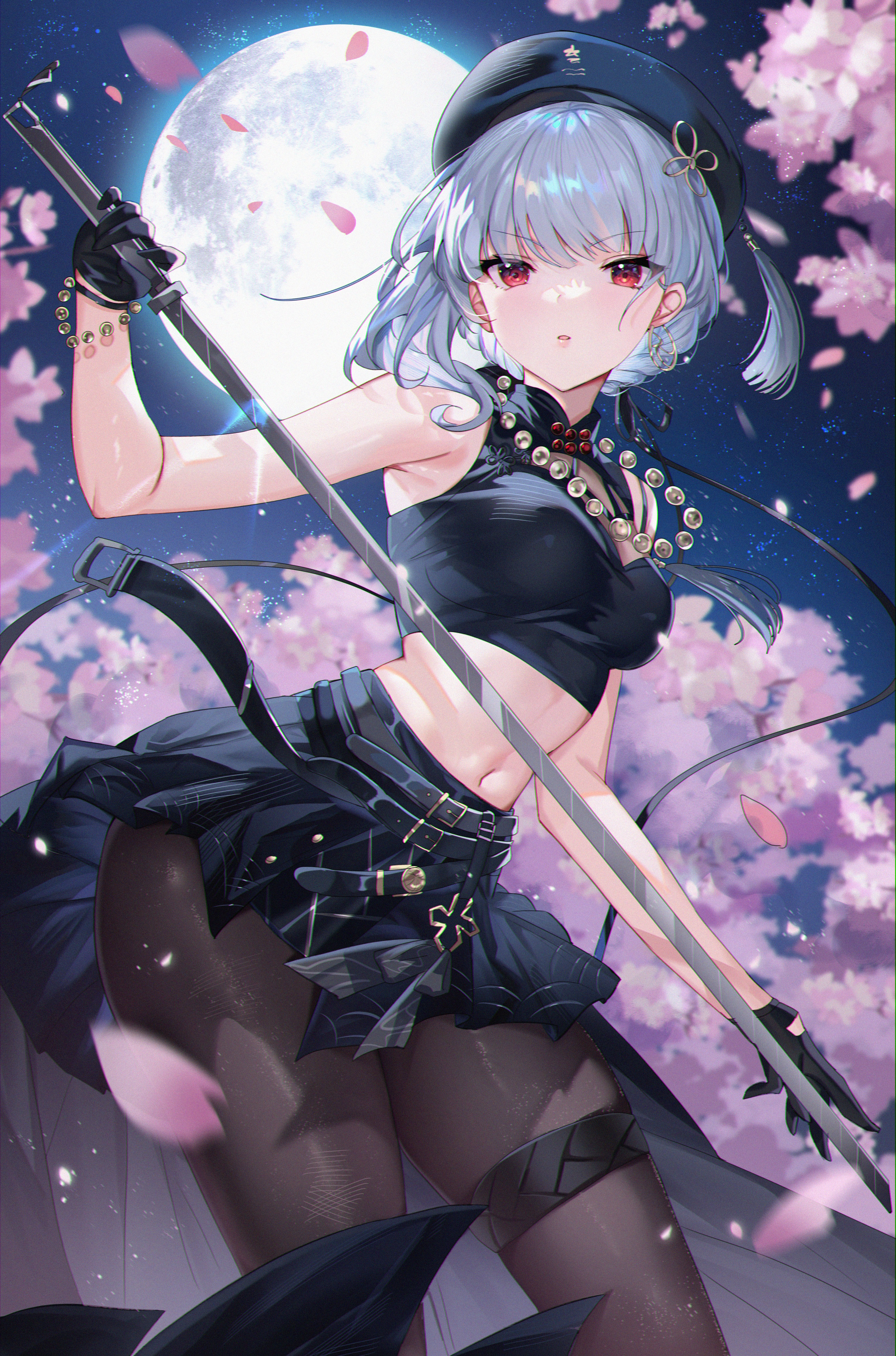 Anime 3061x4630 anime anime girls portrait display Moon Sanhua (Wuthering Waves) Gejigejier short hair Wuthering Waves night sword women with swords looking at viewer sky pantyhose gloves black gloves petals outdoors women outdoors sleeveless open mouth red eyes bare shoulders full moon necklace hat women with hats pearl necklace leg ring belly skirt frills