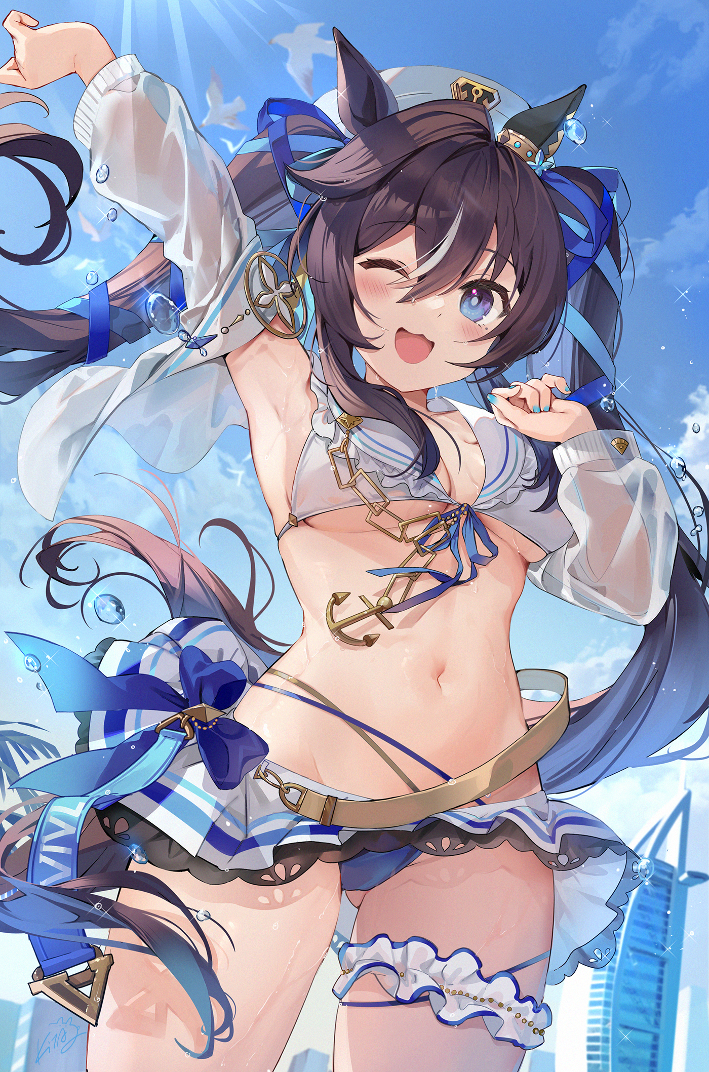 Anime 1400x2117 anime anime girls portrait display smiling KitaIroha open mouth Uma Musume Pretty Derby Vivlos (Uma Musume) sky hair between eyes clouds bikini one arm up armpits blue nails painted nails twintails long hair one eye closed blue eyes brunette hair ribbon blue ribbons signature big boobs wet body animal ears birds wet standing water drops water frills leg garter
