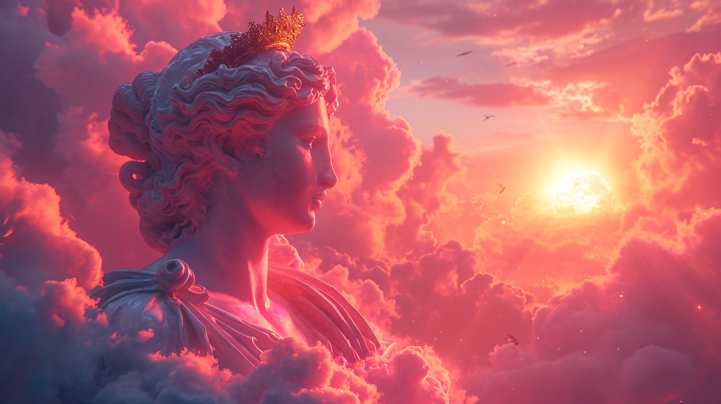 General 1456x816 AI art digital art mythology God Sun clouds pink statue women sky sunlight
