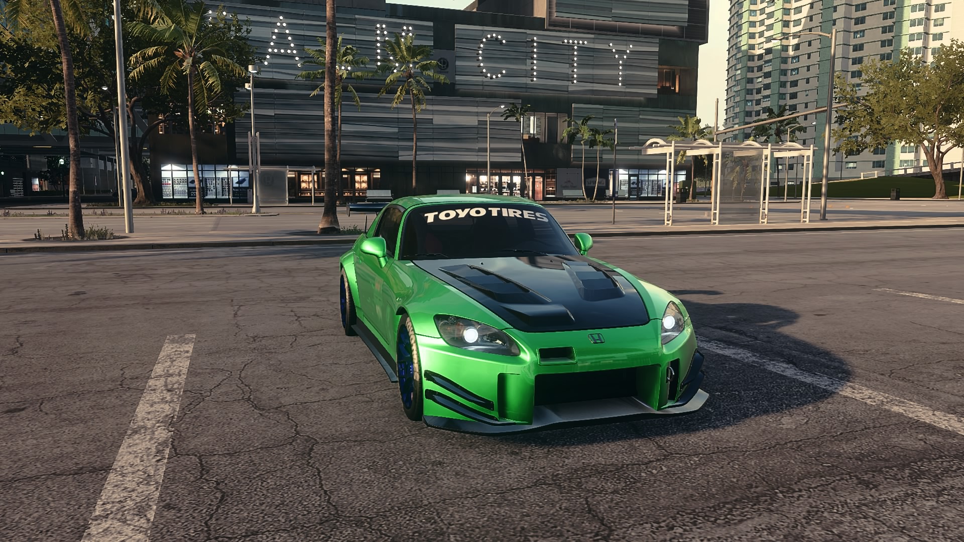 General 1920x1080 car Honda S2000 Need for Speed: Heat green Toyo Tires PlayStation 4 video games frontal view video game art screen shot headlights palm trees building city CGI parking lot vehicle sunlight