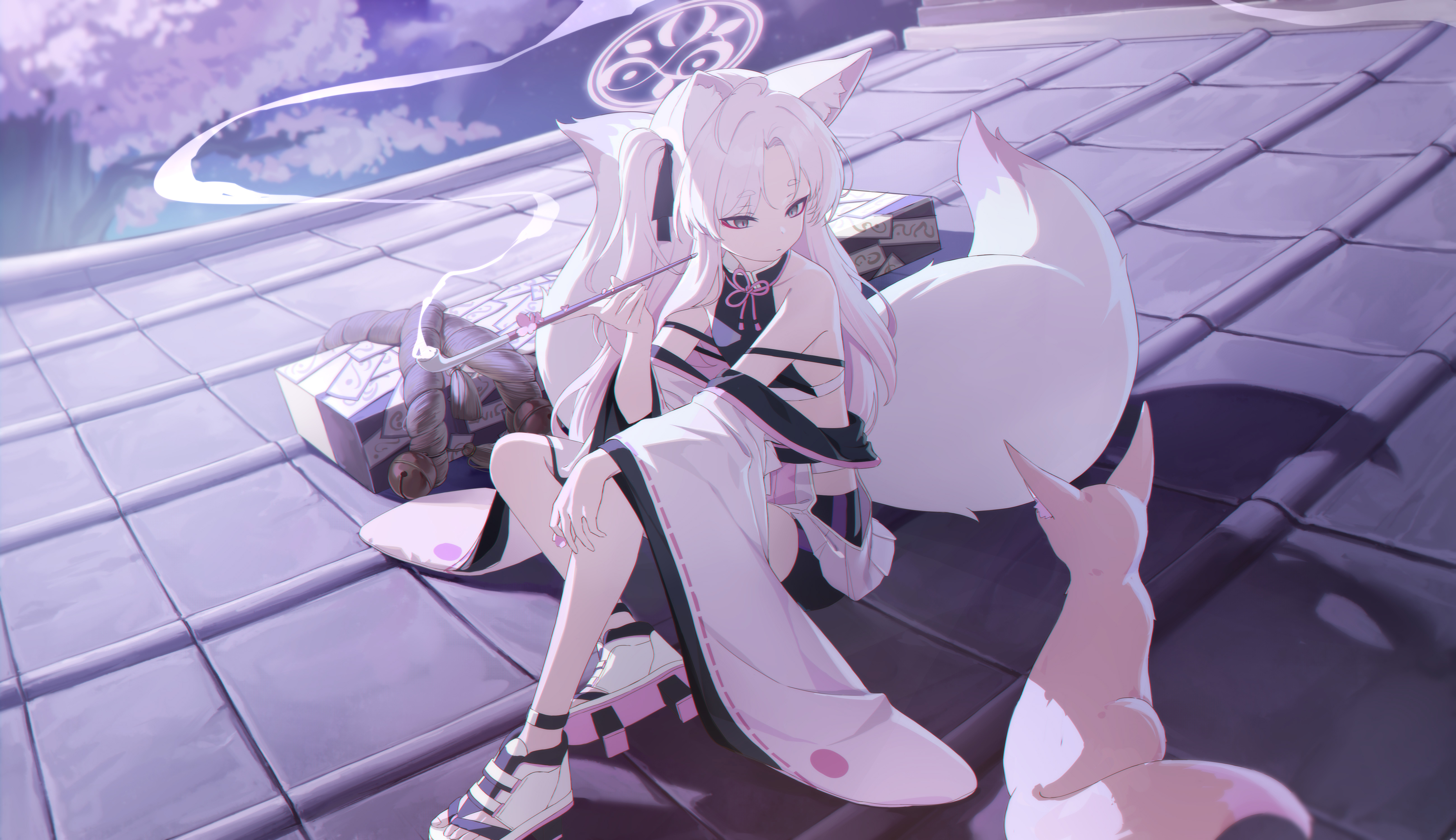 Anime 5200x3000 anime anime girls fox girl rooftops smoking pipe smoking Blue Archive fox tail Kuzunoha (Blue Archive) Japanese clothes animals long hair bare shoulders closed mouth sitting wide sleeves off shoulder trees smoke bells