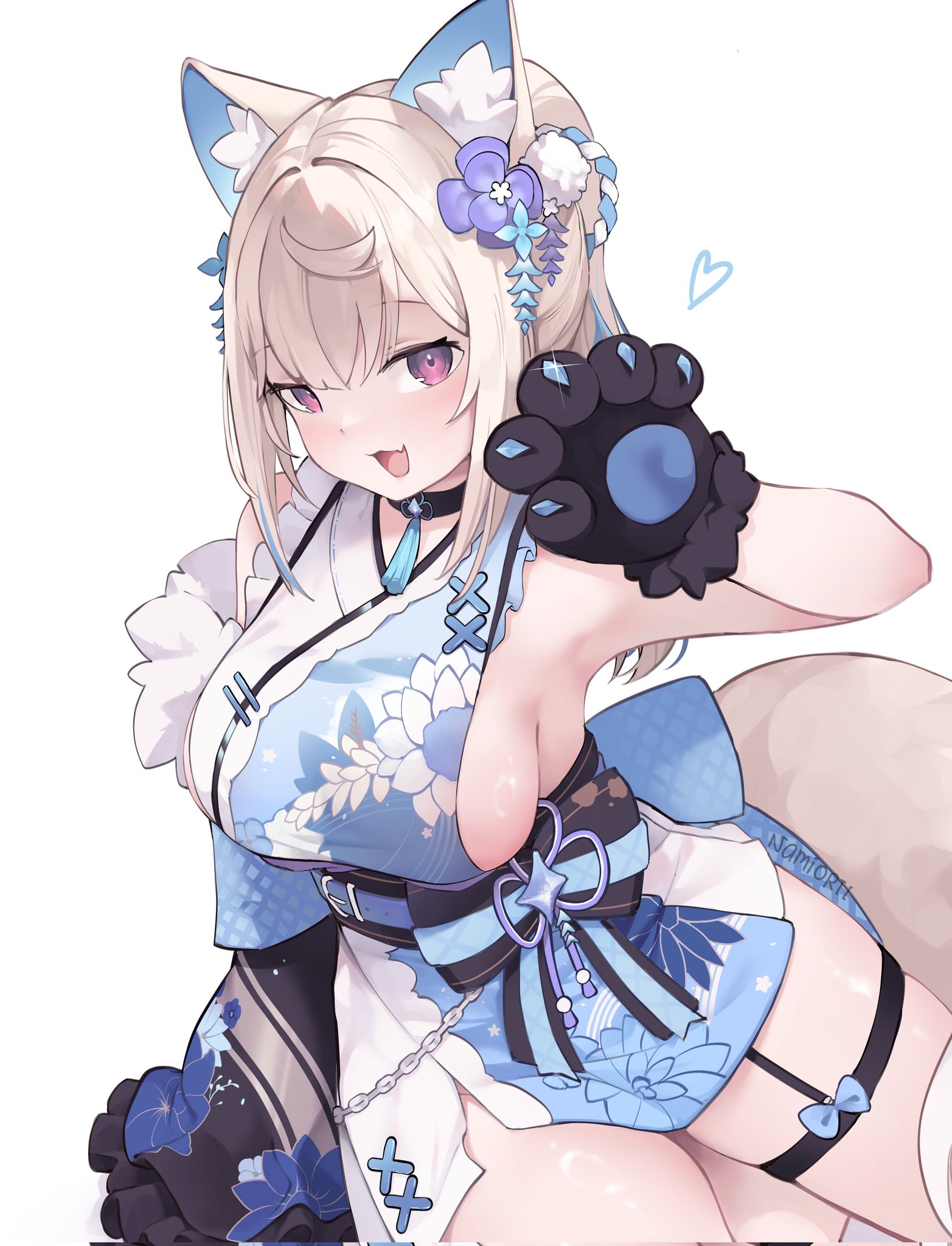 Anime 1565x2048 anime anime girls Hololive Virtual Youtuber Fuwawa Abyssgard gloves namiorii portrait display sideboob big boobs open mouth cat gloves simple background kimono white background floral Japanese clothes leg ring skindentation dog girls dog ears dog tail smiling blushing flower in hair choker long hair claws tassels sash thighs looking at viewer heart