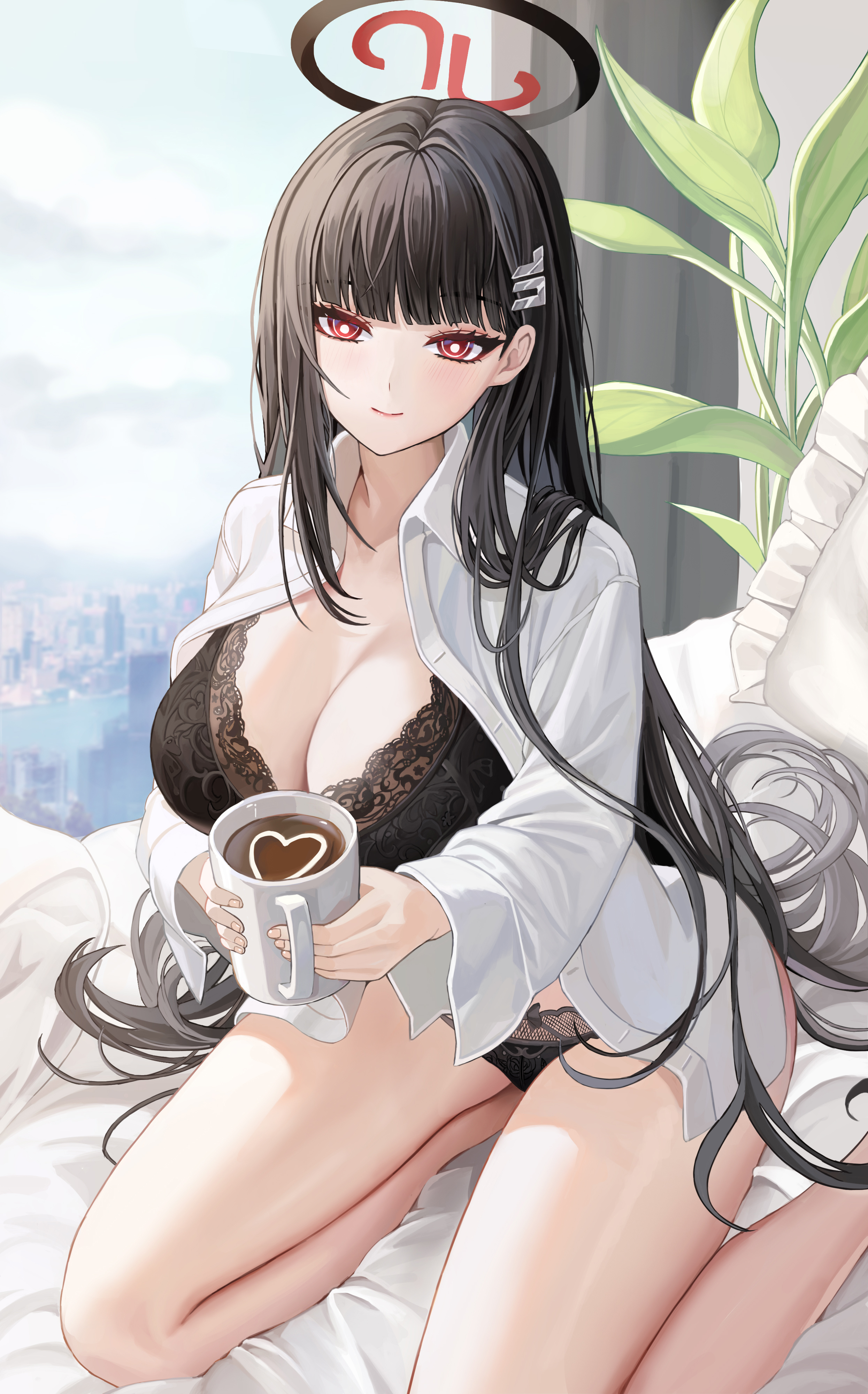 Anime 2491x4000 anime anime girls Tsukatsuki Rio Blue Archive mizuring4 portrait display looking at viewer long hair black hair leaves red eyes huge breasts black underwear cup underwear heart (design) coffee in bed sheets pillow white sheets indoors women indoors closed mouth smiling cityscape open shirt long sleeves bent legs bed hair ornament blushing cleavage drink kneeling lace mug