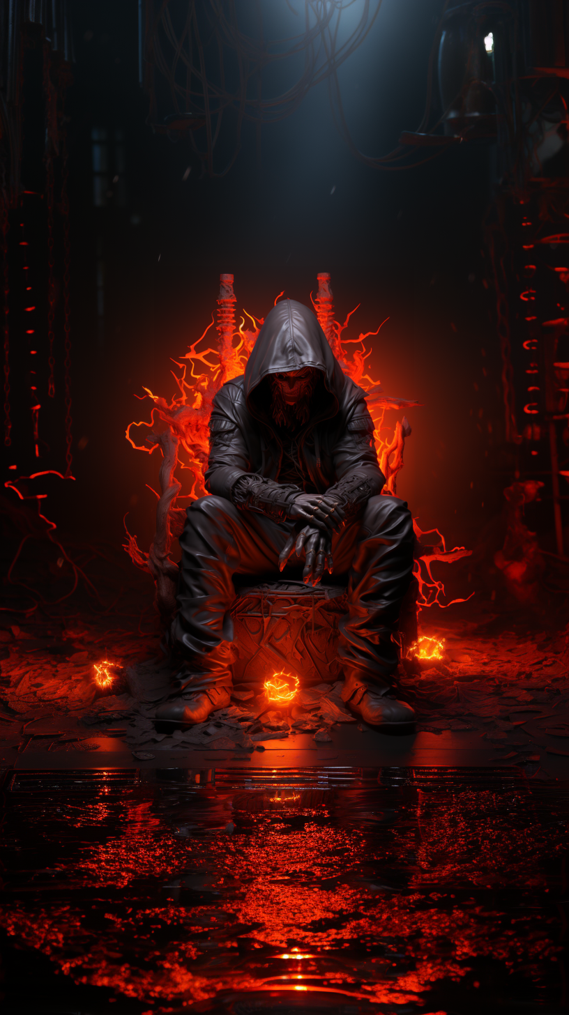 General 816x1456 AI art portrait display red demon fire magic throne chair black hoodie digital art sitting leather wires hoods