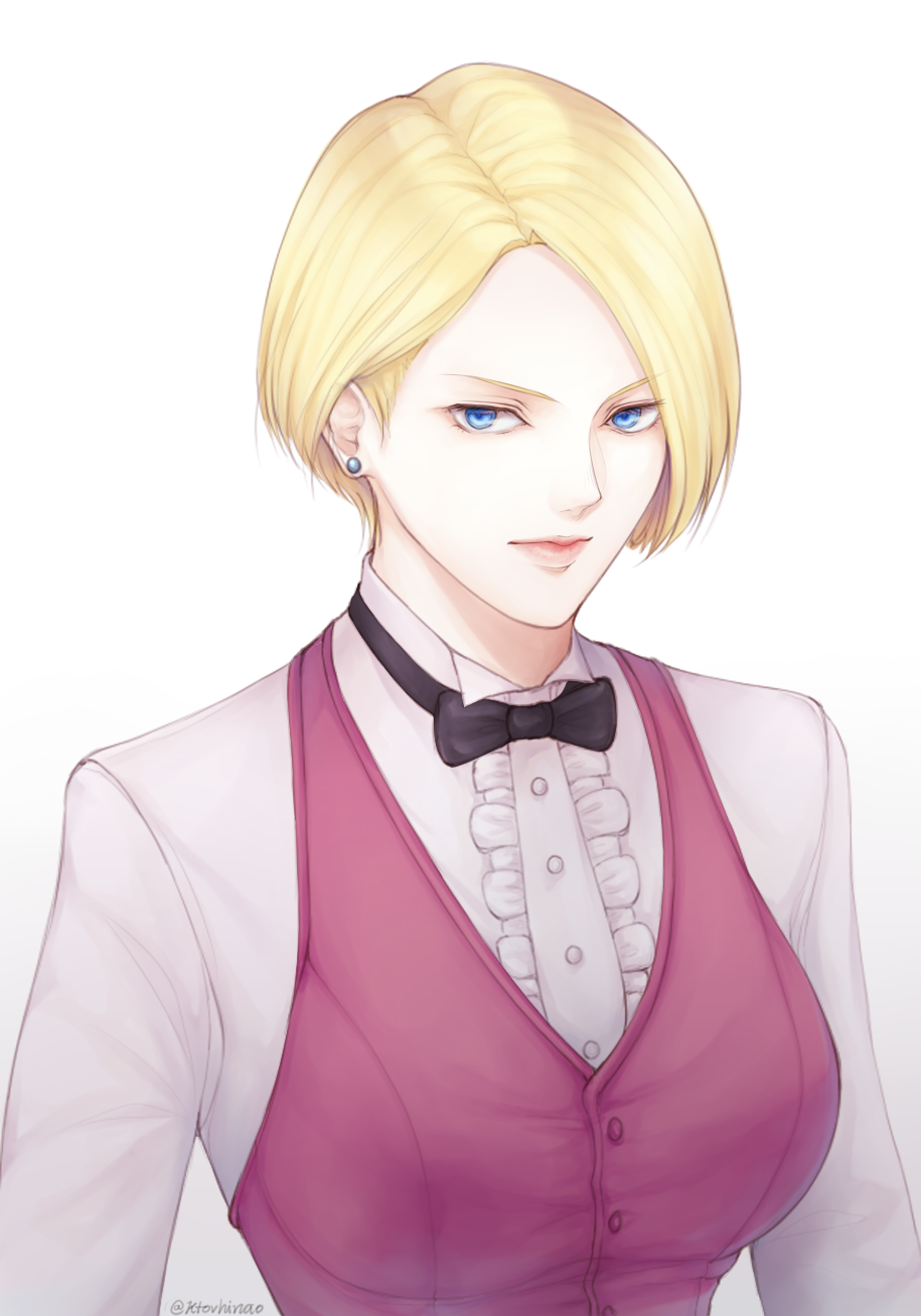 Anime 915x1308 Art of Fighting (SNK) SNK King of Fighters short hair King (King of Fighters) simple background blonde white background earring looking at viewer bow tie Ktovhinao closed mouth white shirt long sleeves Purple vest signature frontal view blue eyes