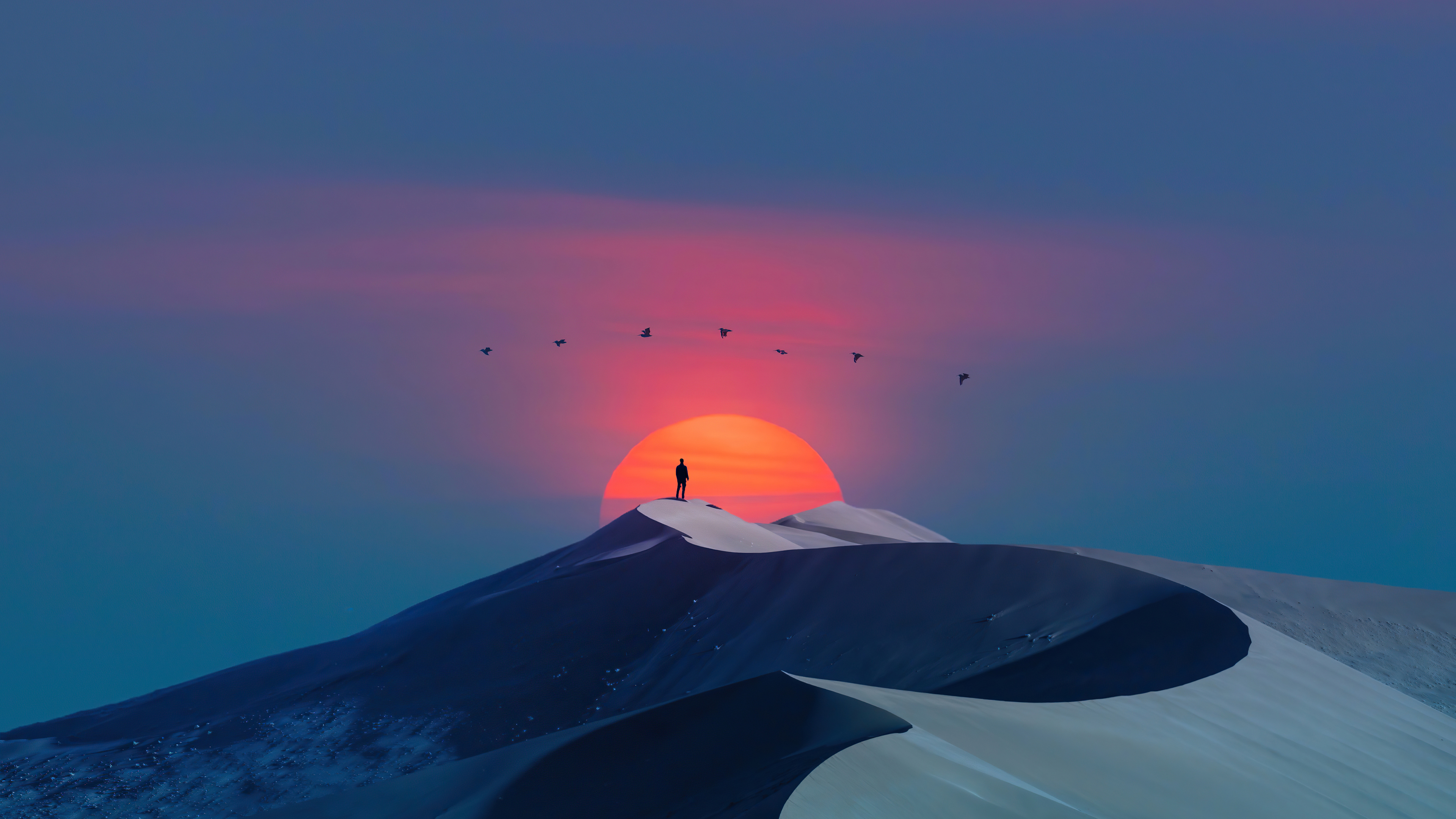 General 3840x2160 digital art artwork sunset Sun men silhouette birds desert dunes clear sky evening