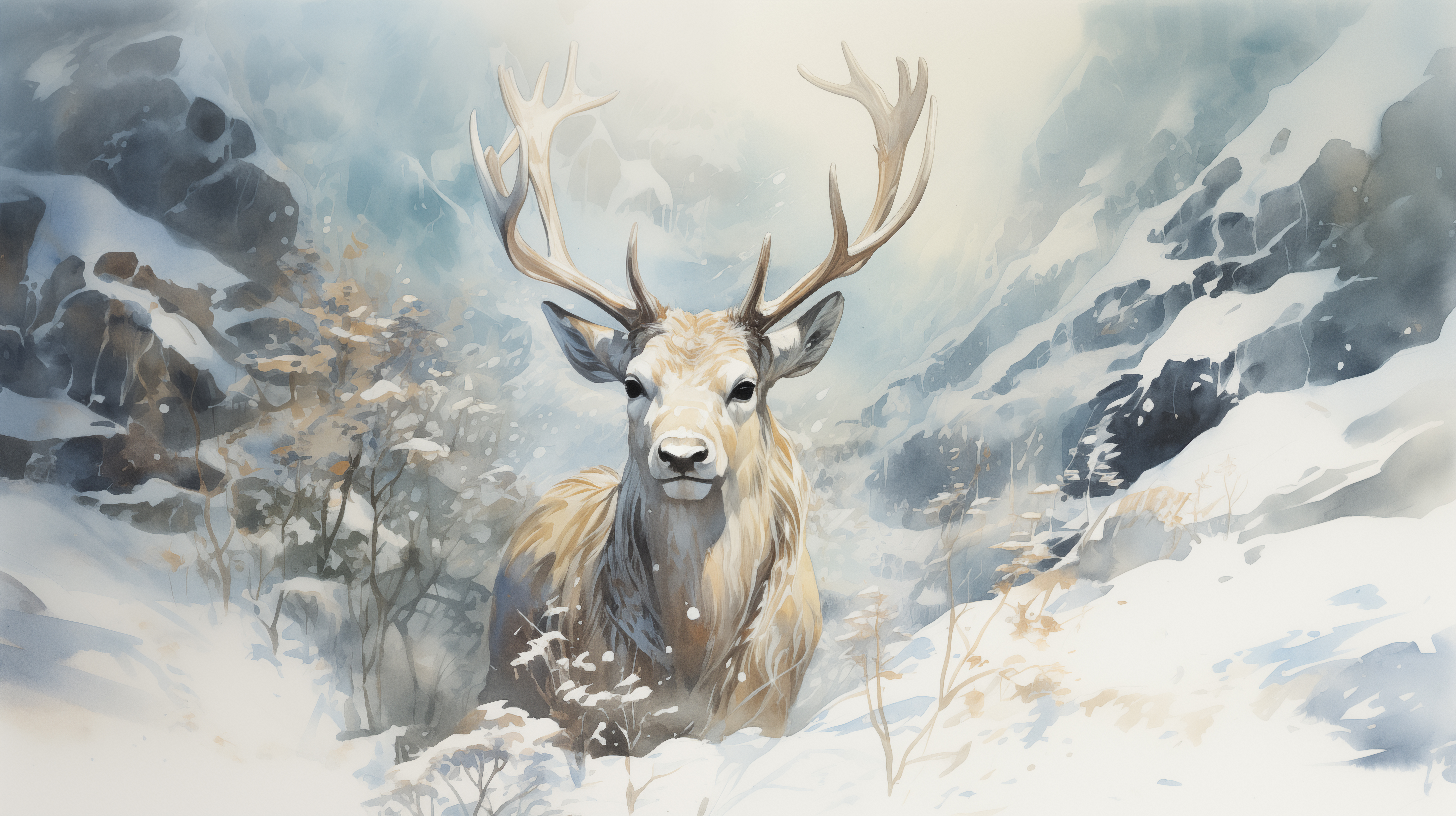 General 5824x3264 AI art winter snow deer painting antlers digital art looking at viewer animals
