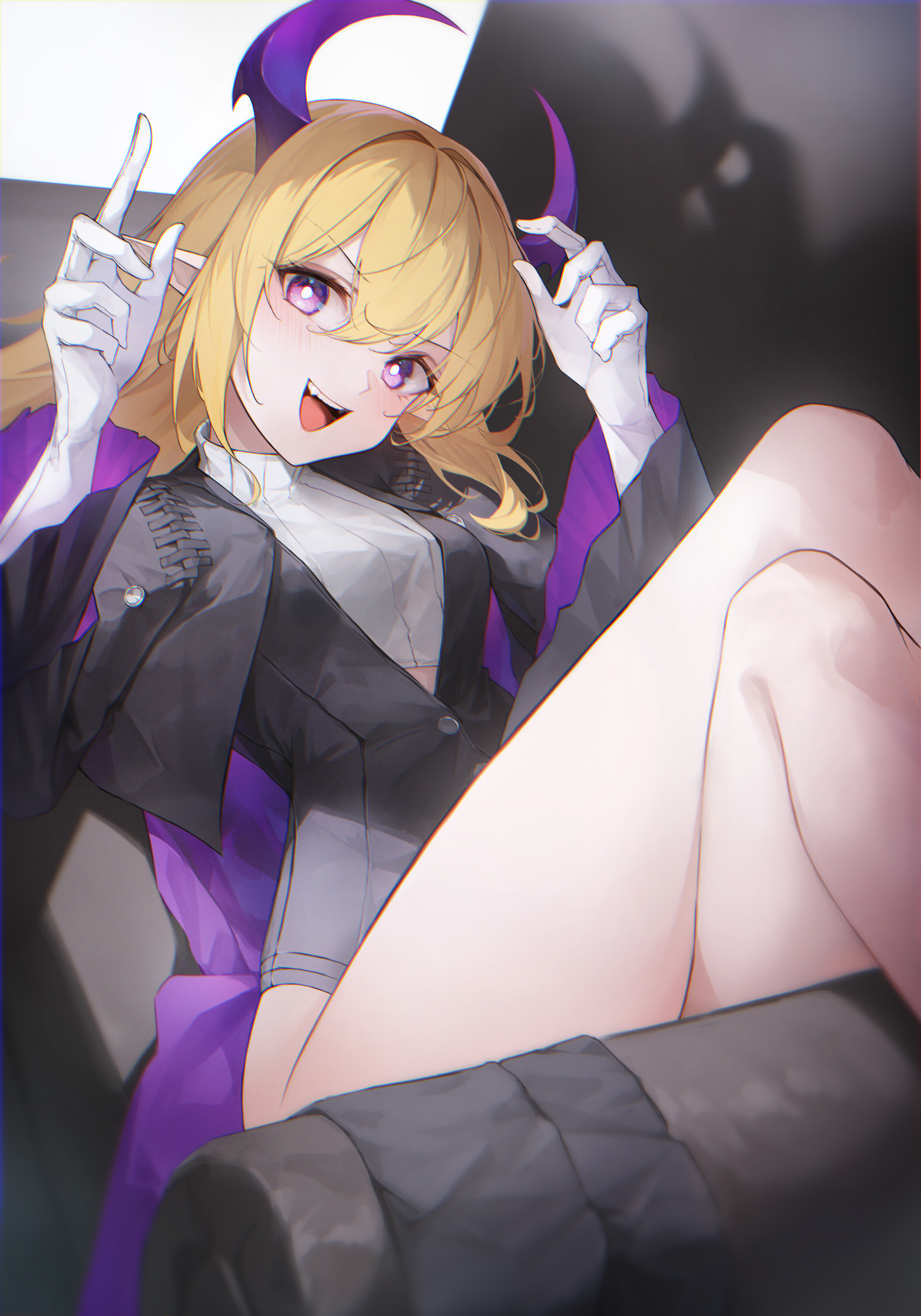Anime 3500x5000 anime anime girls portrait display gloves pointy ears blonde purple eyes demon horns horns legs crossed sitting chair legs looking at viewer shadow open mouth