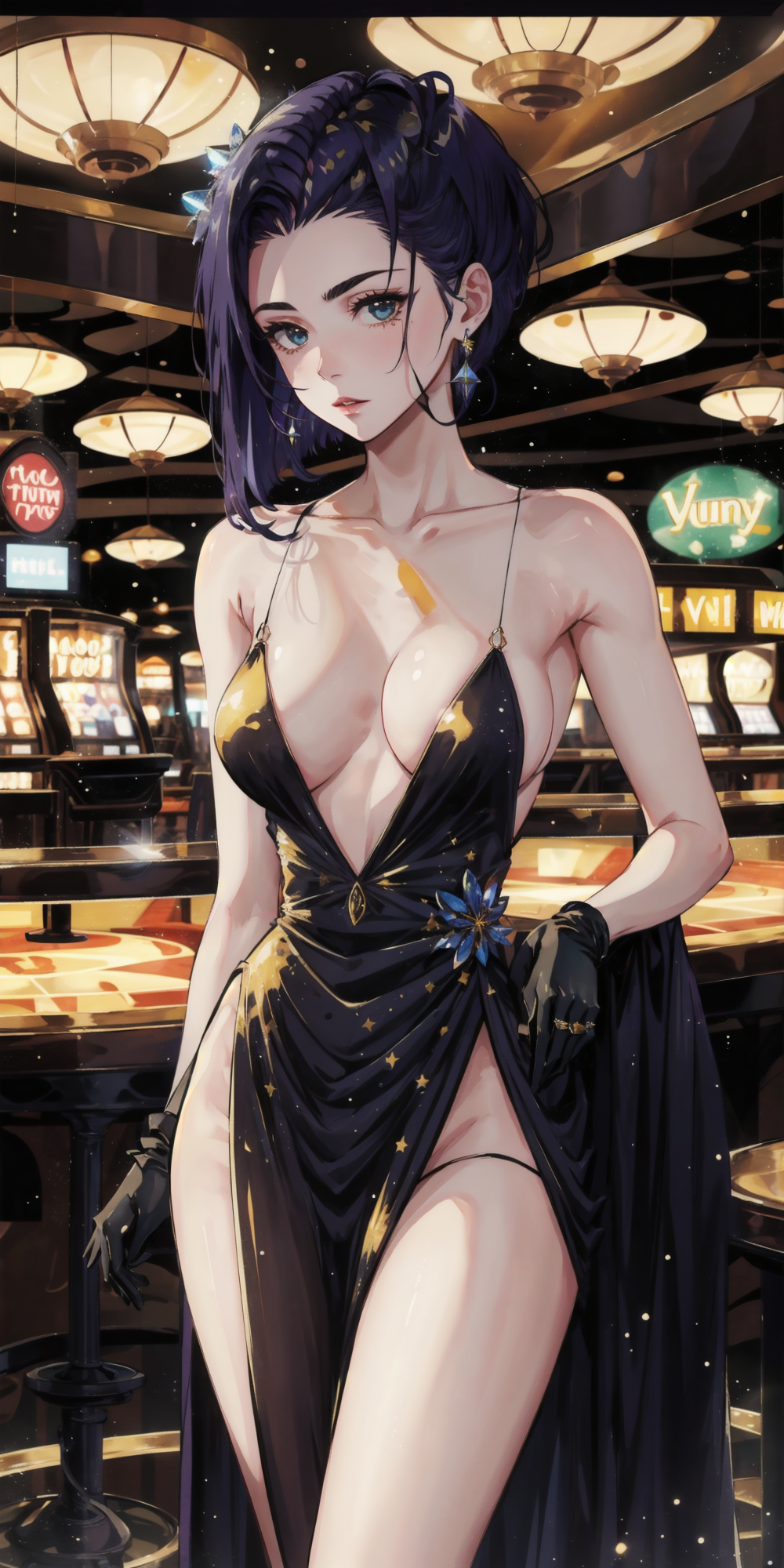 Anime 1000x2000 Stable Diffusion portrait Cowboy Bebop big boobs AI art Faye Valentine portrait display digital art looking at viewer cleavage short hair parted lips indoors women indoors casino slot machine dress thighs gloves anime girls earring